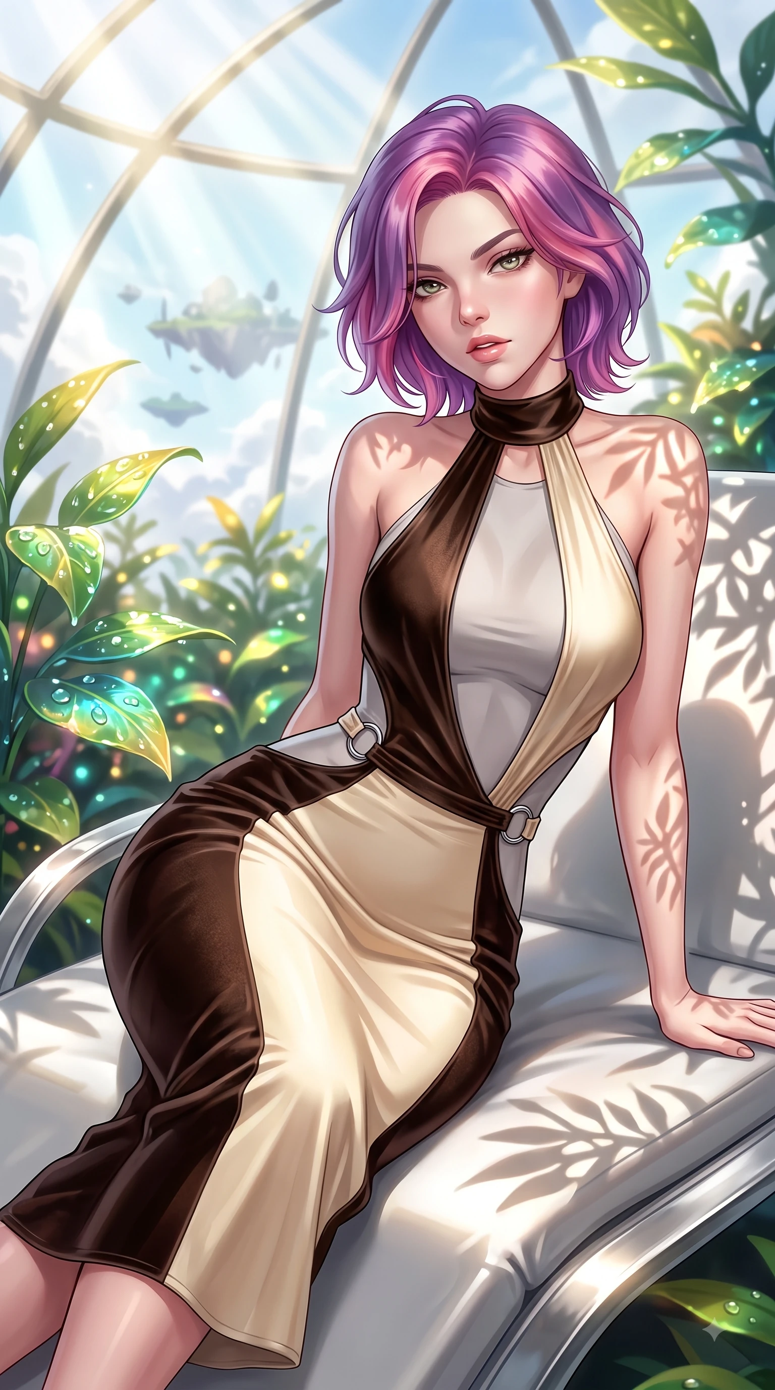 score_9, masterpiece, best quality, ultra-detailed, high-budget anime keyframe, editorial fashion photography, tasteful artistic composition, Caucasian woman. close-up cowboy shot from the waist and thighs up, the character dominates the composition, filling the frame with her large presence, background elements kept in soft focus. Leaning forward gracefully with lips parted, casting a smoldering magnetic gaze directly into the lens while lounging gracefully on a platinum sunbed in a sunlit botanical dome overlooking flying cloud islands, dewdrops on bioluminescent leaves reflecting vibrant emerald and gold highlights. She has an exceptionally elegant, slender, and willowy female figure with an ultra-slim waist, a gracefully sculpted slender torso, and a refined silhouette. sharp v-shaped jawline, high-bridge nose, intricate jewel-like eyes with depth, thick eyelashes, glossy lips with a natural sheen, flawlessly proportioned anatomical accuracy, natural body alignment, perfectly sculpted elegant limbs, clean dynamic posture without body distortion. wearing a velvet halter-neck midi dress following her form like a glove in espresso brown and warm cream, crafted from smooth liquid silk, accented with delicate chrome ring hardware framing her waist, the glove-like fit emphasizing her statuesque silhouette during motion. illuminated by brilliant sunbeams casting organic leaf stencil shadows. highly saturated vibrant anime colors, detailed shading with soft gradients, rich glossy textures, high-contrast stereoscopic depth, volumetric dynamic lighting, master piece, 9:16 ratio