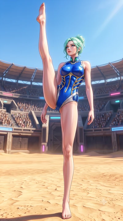 score_9, masterpiece, best quality, ultra-detailed, high-budget anime keyframe, semi-realistic 3D game render, editorial fashion photography, tasteful artistic composition, Japanese woman. low angle full-body shot from head to toe showing her feet, f