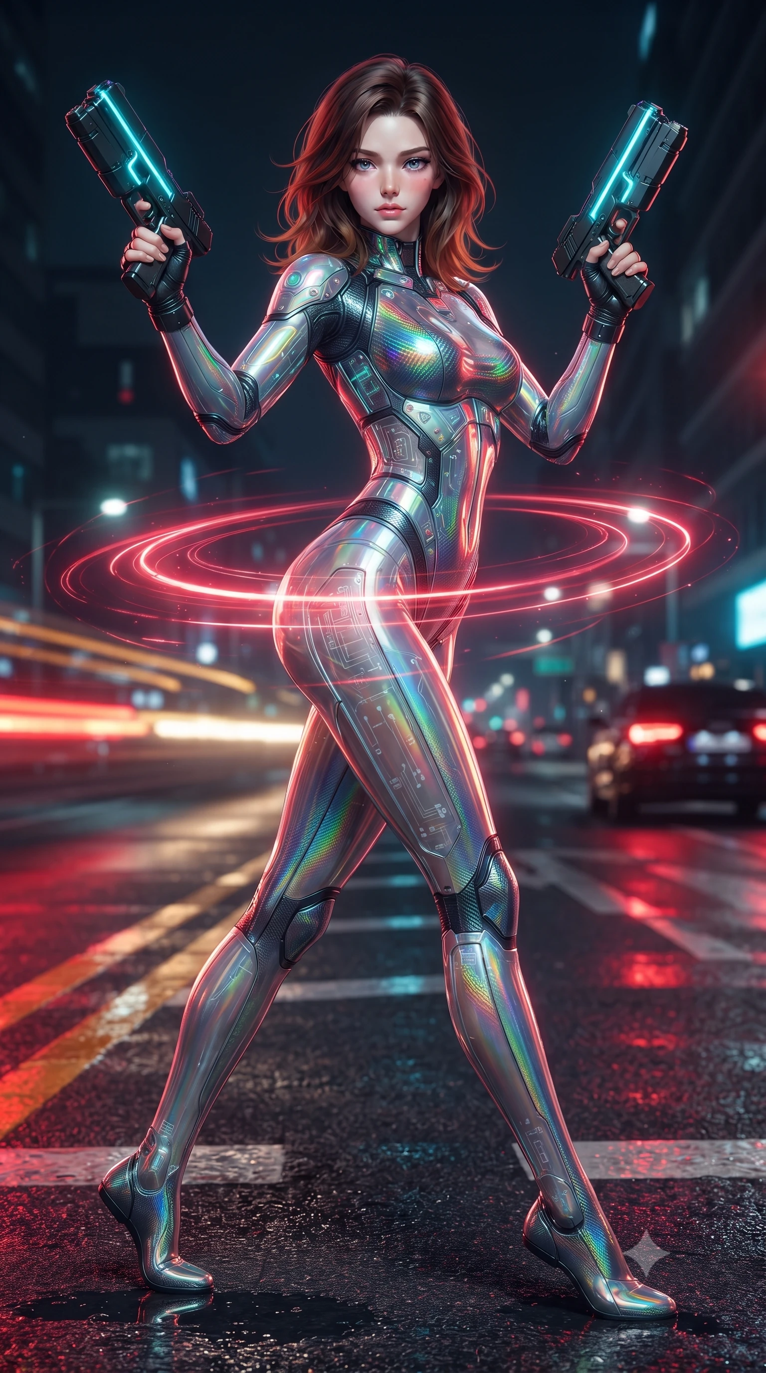 score_9, masterpiece, best quality, ultra-detailed, high-budget anime keyframe, editorial fashion photography, tasteful artistic composition, Korean woman. low angle full-body shot from head to toe showing her feet, filling the entire 9:16 vertical frame with her statuesque presence, stretching her vertical silhouette. pivoting dynamically in mid-motion with a breathtakingly alluring posture, displaying her flawless model proportions, toned flat midriff, and ultra-slim waist while spinning gracefully in a high-speed combat turn as twin blade energy trails create glowing light rings around her waist. The surrounding environment is rendered in vivid detail and crisp panoramic clarity. razor-sharp glowing crimson blade edges, detailed carbon-weave armor textures, and asphalt markings in deep focus. She has an absolutely perfect, statuesque 8.5-heads proportion, an exceptionally tall and slender model-like female figure with impossibly long slender legs, a toned flat midriff, and an ultra-slim waist. sharp v-shaped jawline, high-bridge nose, intricate jewel-like eyes with depth, thick eyelashes, glossy lips with a natural sheen, flawlessly proportioned anatomical accuracy, strict slender model proportions, natural body alignment, perfectly sculpted long slender limbs, ultra-slim waistline, clean dynamic posture without body distortion. wearing a high-gloss iridescent rainbow carbon-weave bodysuit with translucent cybernetic panels, brandishing dual sleek chrome particle beam pistols in a dynamic combat stance in matte obsidian carbon black with electric cyan conduits, formed from high-gloss patent carbon-plating with specular chiaroscuro reflections, finished with high-mobility articulation joints and miniature magnetic armor locks, the liquid-tight tailored fabric emphasizing every curve of her tall, slender model proportions and sculptured silhouette during dynamic movement. bathed in blazing neon crimson and golden traffic trail backlighting with crisp streetlamp fill. ultra-reflective glossy finish, specular highlights, dark metallic sheen, high-contrast stereoscopic depth, volumetric dynamic lighting, 2k, ultra detail, master piece, 9:16 ratio