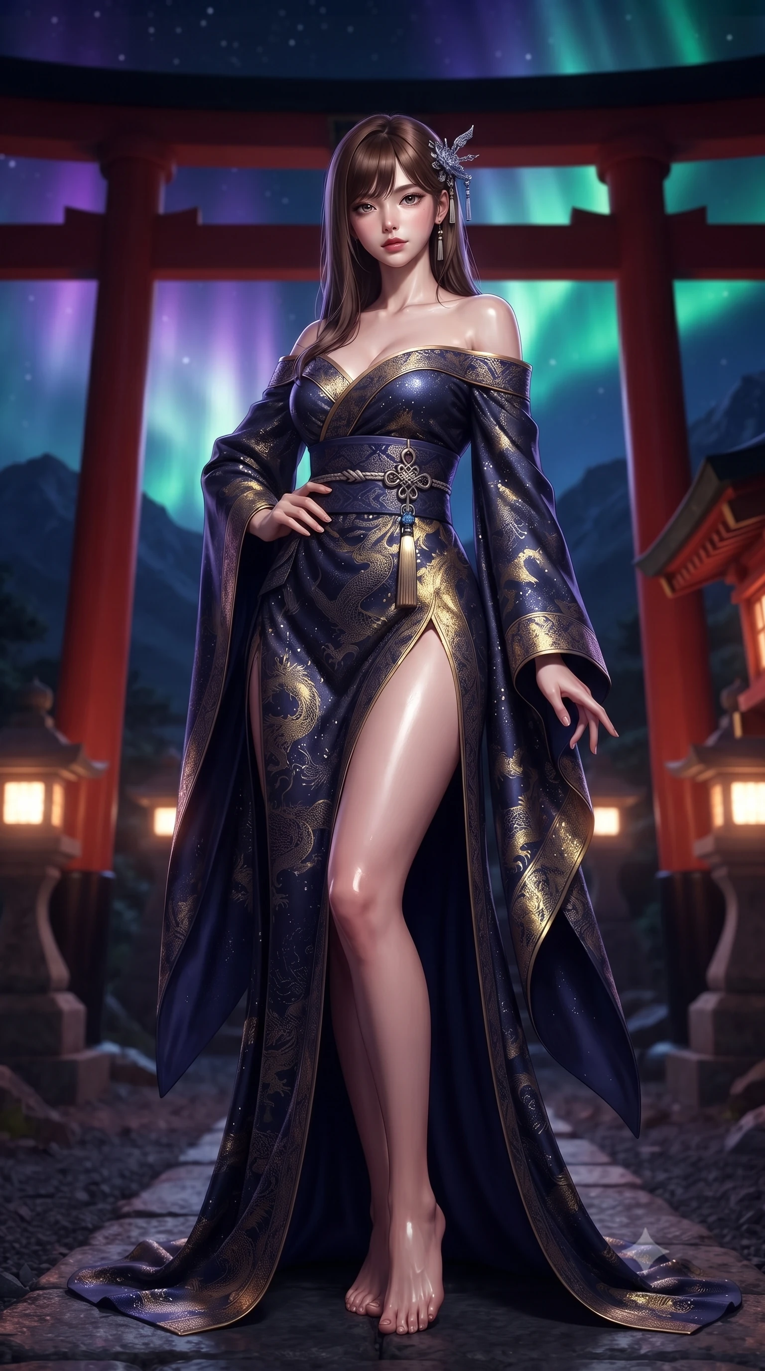 score_9, masterpiece, best quality, ultra-detailed, high-budget anime keyframe, editorial fashion photography, tasteful artistic composition, Korean woman. low angle full-body shot from head to toe showing her feet, filling the entire 9:16 vertical frame with her statuesque presence, stretching her vertical silhouette. standing poised with one hip cocked in an alluring high-fashion pose, her tall 8.5-heads proportions dominating the scene while standing atop a mountain shrine ridge framed by a colossal vermilion torii gate under a dancing violet and emerald aurora. The composition keeps background elements in soft focus with creamy bokeh. glowing stone lanterns and wooden shrine eaves softened in cinematic shallow depth of field. She has an absolutely perfect, statuesque 8.5-heads proportion, an exceptionally tall and slender model-like female figure with impossibly long slender legs, a toned flat midriff, and an ultra-slim waist. sharp v-shaped jawline, high-bridge nose, intricate jewel-like eyes with depth, thick eyelashes, glossy lips with a natural sheen, captivating and magnetic expression, flawlessly proportioned anatomical accuracy, strict slender model proportions, natural body alignment, perfectly sculpted long slender limbs, ultra-slim waistline, clean dynamic posture without body distortion. wearing an off-shoulder celestial kimono gown with fluttering silk drapes and a high side slit in midnight indigo and glowing starlight gold, made of rich textured jacquard silk with dragon scale weave, accented with a glowing metallic norigae knot charm and silver hairpin, the form-contouring material adhering flawlessly to her sculpted flat midriff and slender torso, emphasizing her long leg lines and perfectly proportioned willowy build. illuminated by crisp directional rim lighting accentuating her slender curves, bare spine, and flowing robes. ultra-reflective glossy finish, specular highlights, rich textural contrasts, high-contrast stereoscopic depth, volumetric dynamic lighting, 2k, ultra detail, master piece, 9:16 ratio