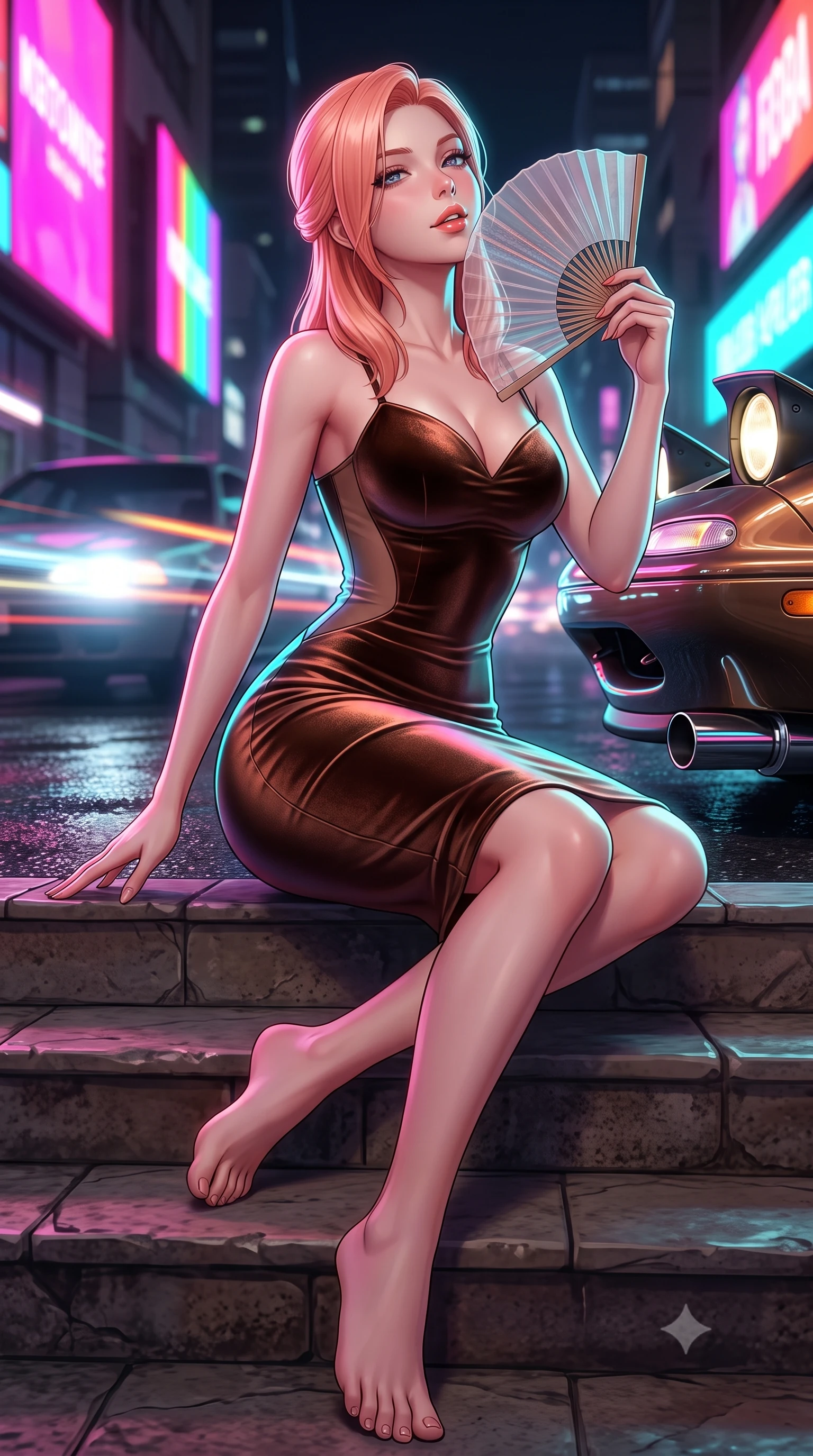 score_9, masterpiece, best quality, ultra-detailed, high-budget anime keyframe, semi-realistic 3D game render, editorial fashion photography, tasteful artistic composition, Japanese woman. low angle full-body shot from head to toe showing her feet, filling the entire 9:16 vertical frame with her statuesque presence, stretching her vertical silhouette. sitting poised on the stone steps with one knee bent, arching her spine with supermodel elegance as she glances upward through thick eyelashes while twisting her slender torso in an alluring S-curve, neon billboards casting vibrant magenta and cyan streaks across her narrow waist and hips. The surrounding environment is rendered in vivid detail and crisp panoramic clarity: sharp retro car pop-up headlight housings, wet asphalt texture, and chrome exhaust pipe gleam in deep focus. She has an absolutely perfect, statuesque 8.5-heads proportion, an exceptionally tall and slender model-like female figure with impossibly long slender legs, an ultra-slim waist, a flat toned midriff, narrow delicate ribcage, and beautifully sculpted feminine hips creating a graceful, slim hourglass silhouette without any bulky heaviness. sharp v-shaped jawline, high-bridge nose, sparkling eyes with hypnotic seductive depth, thick curled eyelashes, glossy parted lips with a natural dewy peach sheen, alluring bedroom-eyes with an enchanting coquettish smile, exuding magnetic siren charisma and sophisticated glamour, flawlessly proportioned anatomical accuracy, strict slender model proportions, natural body alignment, perfectly sculpted long slender limbs, ultra-slim waistline, clean dynamic posture without body distortion. wearing a deep sweetheart-neckline velvet bodycon dress with sheer side-torso cutouts accentuating her hourglass curves in sultry espresso bronze and metallic copper, made of semi-opaque stretch illusion mesh with soft shadowy contours, finished with a transparent silk folding fan held gracefully near her glossy parted lips, the liquid-tight tailored fabric clinging flawlessly to her narrow waist and rounded feminine hips, emphasizing every millimeter of her sculpted slim hourglass curves without any bulky heaviness. illuminated by passing car headlight streaks and sharp electric-cyan rim lights defining her razor-sharp jawline, narrow waist, and curvy hips. highly saturated vibrant anime colors, detailed shading with soft gradients, rich glossy textures, high-contrast stereoscopic depth, volumetric dynamic lighting, master piece, 9:16 ratio