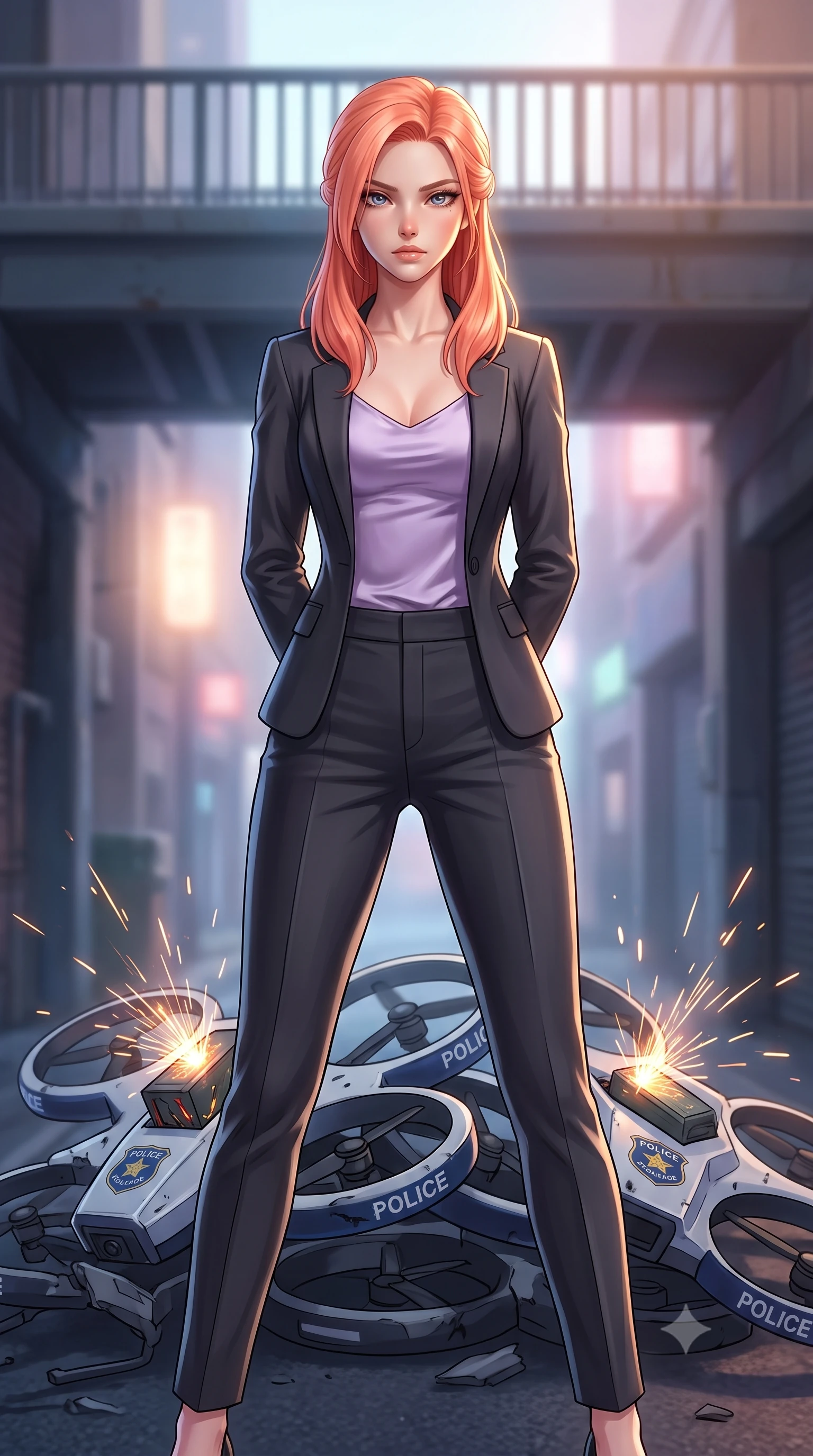 score_9, masterpiece, best quality, ultra-detailed, high-budget anime keyframe, editorial fashion photography, tasteful artistic composition, Japanese woman. close-up cowboy shot from the waist and thighs up, the character dominates the composition, filling the frame with her large presence, background elements kept in soft focus. Standing proud on the bridge, looking down at the viewer with quiet authority and a cold composure. set against a soft-focus background of a dead-end alley where broken police drones are stacked, sparks still flying from exposed batteries. She has an exceptionally elegant and slender, willowy female figure with an ultra-slim waist, a gracefully sculpted slender torso, and a refined slim physique. sharp v-shaped jawline, high-bridge nose, intricate jewel-like eyes with depth, thick eyelashes, glossy lips with a natural sheen. wearing tailored for maximum mobility, sleek form-contouring panels that allow fluid movement, a body-hugging tailored charcoal blazer over a soft lavender satin top, paired with matching charcoal tailored trousers. highly saturated vibrant anime colors, intense vivid color palette, soft 3D volumetric shading, volumetric dynamic lighting, soft glowing ambient light with sharp side key light tracing the sleek contours of her figure. 2k, ultra detail, master piece, 9:16 ratio