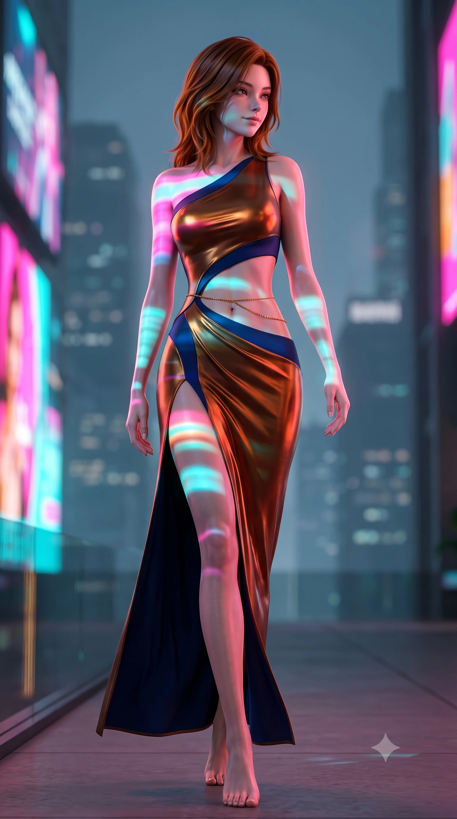 score_9, masterpiece, best quality, ultra-detailed, high-budget anime keyframe, semi-realistic 3D game render, editorial fashion photography, tasteful artistic composition, Korean woman. low angle full-body shot from head to toe showing her feet, filling the entire 9:16 vertical frame with her statuesque presence, stretching her vertical silhouette. walking along the terrace with poise, looking back over her bare shoulder with an irresistible smoldering bedroom-gaze while twisting her slender torso in an alluring contrapposto stance, giant advertising screen video projections painting vibrant colors across her curves. The background shows a soft-focus rising thermal water vapor softened in cinematic cyberpunk luxury shallow focus. She has an absolutely perfect, statuesque 8.5-heads proportion, an exceptionally tall and slender model-like female figure with impossibly long slender legs, an ultra-slim waist, a flat toned midriff, narrow delicate ribcage, and beautifully sculpted feminine hips creating a graceful, slim hourglass silhouette without any bulky heaviness. sharp v-shaped jawline, high-bridge nose, sparkling eyes with hypnotic seductive depth, thick curled eyelashes, glossy parted lips with a natural dewy peach sheen, alluring bedroom-eyes with an enchanting coquettish smile, exuding magnetic siren charisma and sophisticated glamour, flawlessly proportioned anatomical accuracy, strict slender model proportions, natural body alignment, perfectly sculpted long slender limbs, ultra-slim waistline, clean dynamic posture without body distortion. wearing an asymmetric one-shoulder liquid jersey gown with dramatic hip-high slit and sculptural waist cutout in molten liquid bronze and deep sapphire navy, tailored from fine structural neoprene with crisp architectural edges and smooth contouring, accented with a dainty gold belly chain resting across her flat midriff and curving hips, the liquid-tight tailored fabric clinging flawlessly to her narrow waist and rounded feminine hips, emphasizing every millimeter of her sculpted slim hourglass curves without any bulky heaviness. bathed in dynamic shifting saturated neon pink, cyan, and amber light projected horizontally from monumental electronic billboards. highly saturated vibrant anime colors, detailed shading with soft gradients, rich glossy textures, high-contrast stereoscopic depth, volumetric dynamic lighting, master piece, 9:16 ratio