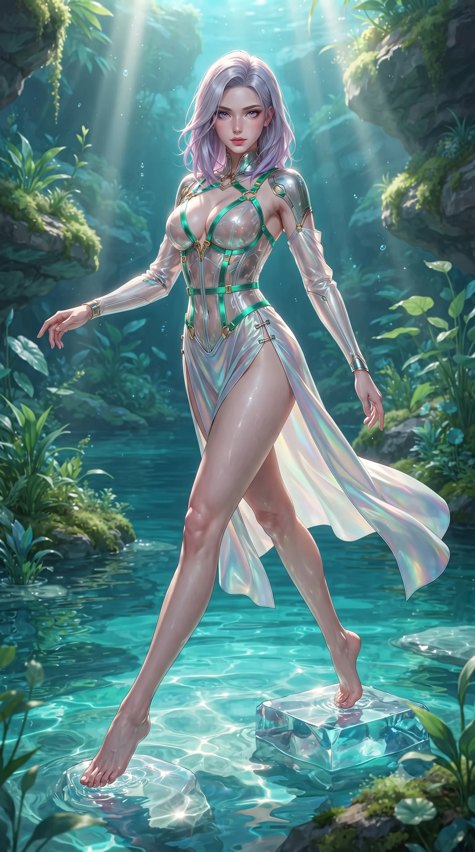 score_9, masterpiece, best quality, ultra-detailed, high-budget anime keyframe, editorial fashion photography, tasteful artistic composition, Caucasian woman. low angle full-body shot from head to toe showing her feet, filling the entire 9:16 vertical frame with her statuesque presence, stretching her vertical silhouette. performing an alluring mid-air vault with flawless poise, looking directly into the camera with smoldering intensity while pivoting dynamically on a submerged crystal stepping stone as sunbeams penetrate the turquoise pool. The surrounding environment is rendered in vivid detail and crisp panoramic clarity. vibrant natural colors and deep environmental chiaroscuro captured with precision. She has an absolutely perfect, statuesque 8.5-heads proportion, an exceptionally tall and slender model-like female figure with impossibly long slender legs, a toned flat midriff, and an ultra-slim waist. sharp v-shaped jawline, high-bridge nose, intricate jewel-like eyes with depth, thick eyelashes, glossy lips with a natural sheen, flawlessly proportioned anatomical accuracy, strict slender model proportions, natural body alignment, perfectly sculpted long slender limbs, ultra-slim waistline, clean dynamic posture without body distortion. wearing a translucent cybernetic corset in semi-opaque structured vinyl, combined with detached sleeves and a deep-plunging neckline secured by glowing micro-straps in bright emerald green satin and gold hardware, made of smooth iridescent silk chiffon that shifts colors with movement, finished with an ultra-high side slit secured by miniature magnetic clasps, the sleek second-skin cut tightly hugging her graceful clavicle, narrow waist, and feminine curves with athletic precision. surrounded by a pristine, refreshing, and intensely seductive natural sanctuary atmosphere. ultra-reflective glossy finish, specular highlights, metallic sheen, high-contrast stereoscopic depth, volumetric dynamic lighting, 2k, ultra detail, master piece, 9:16 ratio