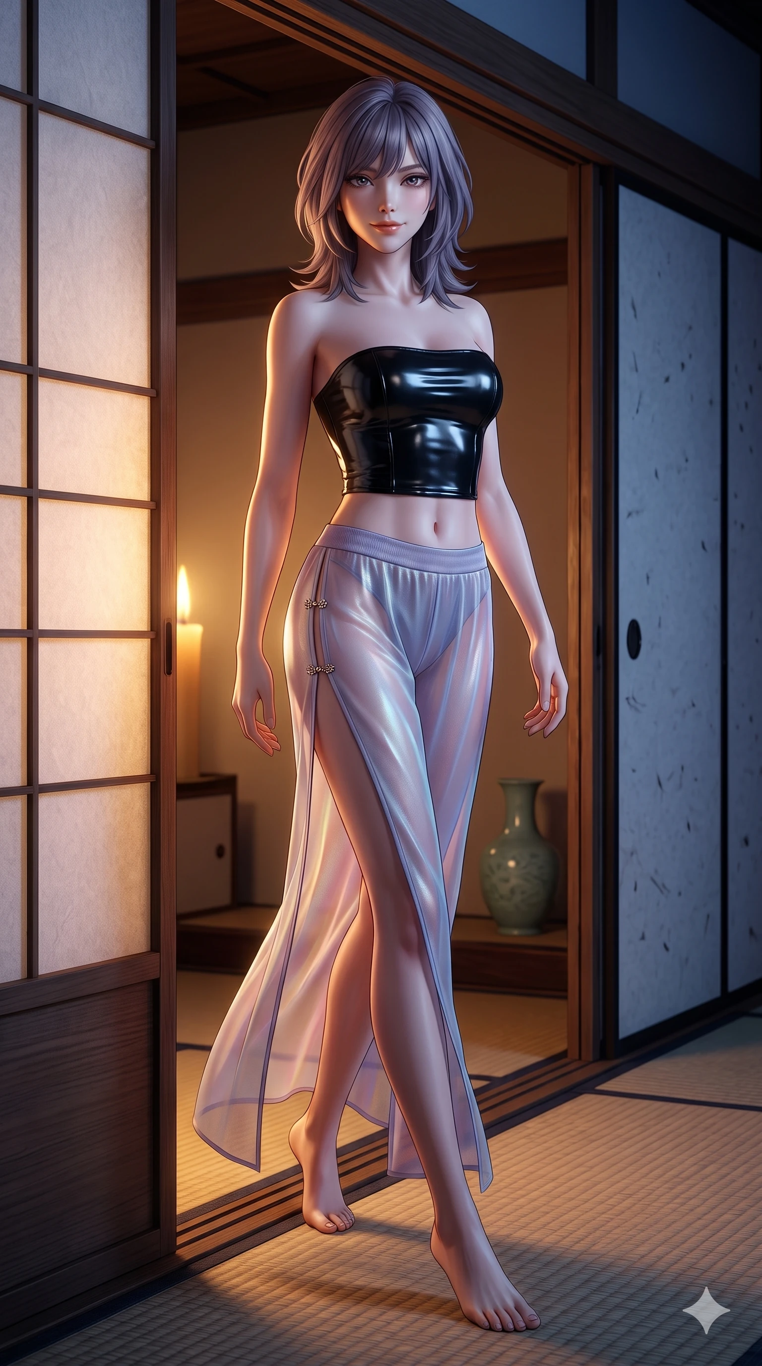 score_9, masterpiece, best quality, ultra-detailed, high-budget anime keyframe, semi-realistic 3D game render, editorial fashion photography, tasteful artistic composition, Japanese woman. low angle full-body shot from head to toe showing her feet, filling the entire 9:16 vertical frame with her statuesque presence, stretching her vertical silhouette. stepping forward in a confident stride, her long slender legs and curvaceous hips creating a dynamic, sweeping vertical line while twisting her slender torso in an alluring contrapposto pose beside the sliding rice-paper door, warm candlelight silhouette outlining her curves. The surrounding environment is rendered in vivid detail and crisp panoramic clarity: sharp mulberry paper texture on sliding doors, woven rush mat seams, and celadon ceramic glaze in deep focus. She has an absolutely perfect, statuesque 8.5-heads proportion, an exceptionally tall and slender model-like female figure with impossibly long slender legs, an ultra-slim waist, a flat toned midriff, narrow delicate ribcage, and beautifully sculpted feminine hips creating a graceful, slim hourglass silhouette without any bulky heaviness. sharp v-shaped jawline, high-bridge nose, sparkling eyes with hypnotic seductive depth, thick curled eyelashes, glossy parted lips with a natural dewy peach sheen, alluring bedroom-eyes with an enchanting coquettish smile, exuding magnetic siren charisma and sophisticated glamour, flawlessly proportioned anatomical accuracy, strict slender model proportions, natural body alignment, perfectly sculpted long slender limbs, ultra-slim waistline, clean dynamic posture without body distortion. wearing a strapless wet-look vinyl bustier paired with sheer chiffon high-slit wrap trousers revealing her long slender legs in iridescent mother-of-pearl and misty lavender, tailored from fine ribbed modal knit with gentle elastic contouring and soft hand-feel, finished with an ultra-high side slit secured by miniature jeweled clasps, the form-fitting cut adhering flawlessly to her sculpted flat midriff and slender torso, emphasizing her long leg lines and perfectly proportioned willowy build. bathed in warm golden candlelight glowing from within the interior room mixed with cool moonlight fill. highly saturated vibrant anime colors, detailed shading with soft gradients, rich glossy textures, high-contrast stereoscopic depth, volumetric dynamic lighting, master piece, 9:16 ratio