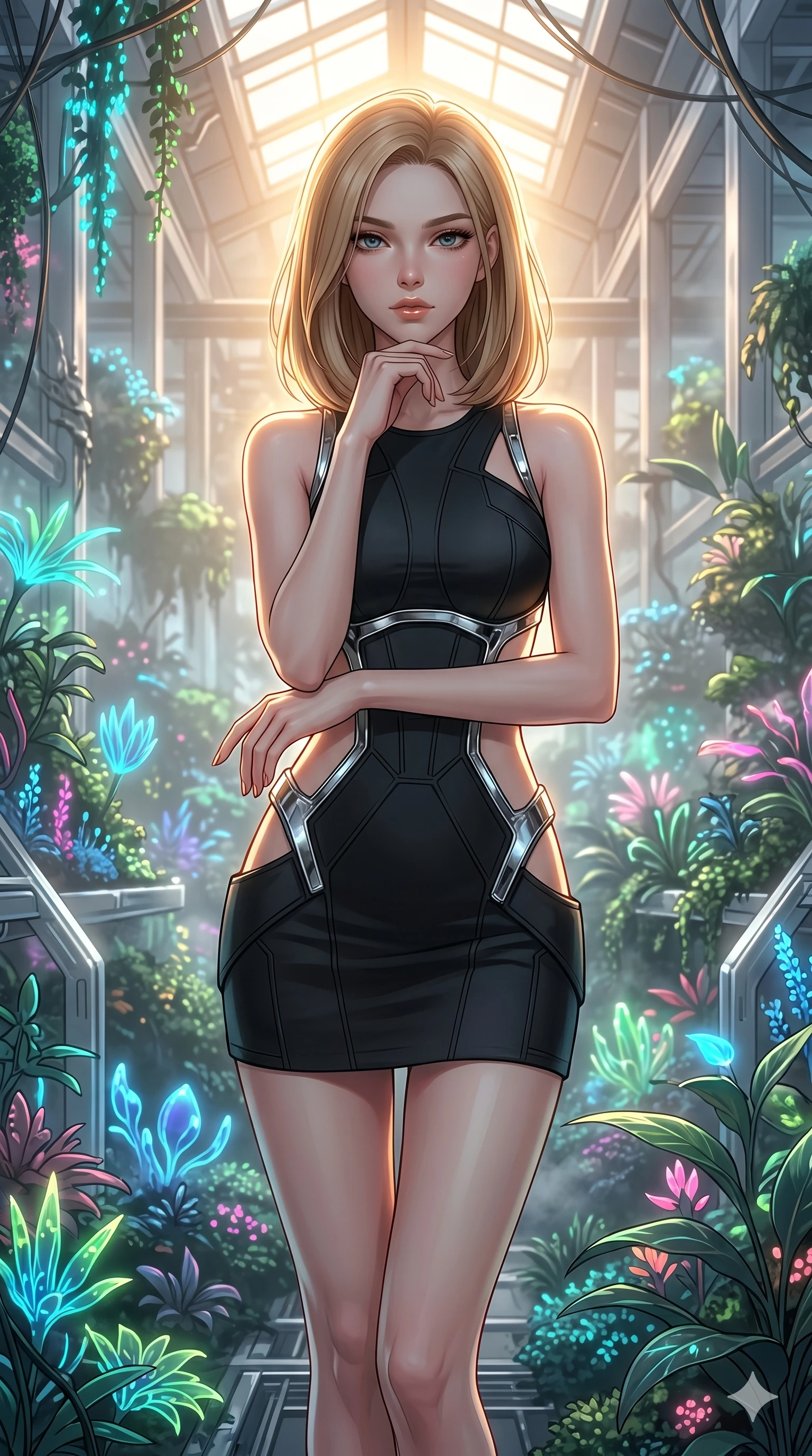 score_9, masterpiece, best quality, ultra-detailed, high-budget anime keyframe, editorial fashion photography, tasteful artistic composition, Korean woman. cowboy shot from the thighs up, character and outfit filling the frame for maximum editorial presence. Resting her chin on the backs of her fingers in a confident pose within a vast cyberpunk greenhouse of neon-lit bioluminescent flora and silver mist. She has an absolutely perfect 8-heads proportion, an exceptionally tall and slender female figure with impossibly long slender legs and an ultra-slim waist. V-shaped jawline, high-bridge nose, intricate jewel-like eyes with depth, thick eyelashes, glossy lips with a natural sheen. wearing a structured matte black mini dress with bold geometric cutouts revealing glimpses of the waist and side torso, framed by chrome architectural hardware against a precision-fitted base. under warm golden hour backlighting creating a luminous radiant halo around her silhouette. 2k, ultra detail, master piece, 9:16 ratio