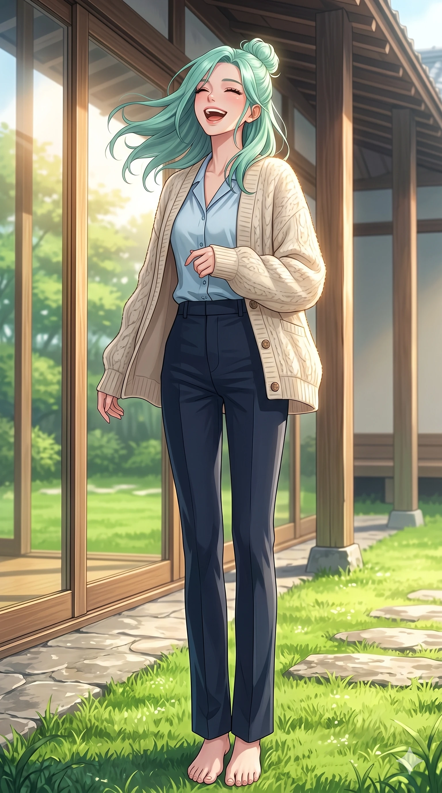 score_9, masterpiece, best quality, ultra-detailed, high-budget anime keyframe, vibrant anime aesthetic, Japanese woman. low angle full-body shot from head to toe showing her feet, filling the entire 9:16 vertical frame with her statuesque presence, stretching her vertical silhouette. She is tossing her head back with a joyful laugh, her lips curved into a warm smile by a quiet outdoor tea pavilion with sunny glass panels showing a lush green lawn (Code-P20-015). She has an absolutely perfect 8-heads proportion, an exceptionally tall and slender female figure with impossibly long slender legs and an ultra-slim waist. V-shaped jawline, high-bridge nose, intricate jewel-like eyes with depth, thick eyelashes, glossy lips with a natural sheen. wearing a cozy wool cardigan over a silk shirt and straight-leg trousers. She is drenched in warm morning sunshine, tracing the elegant lines of her shoulders. 2k, ultra detail, master piece, 9:16 ratio
