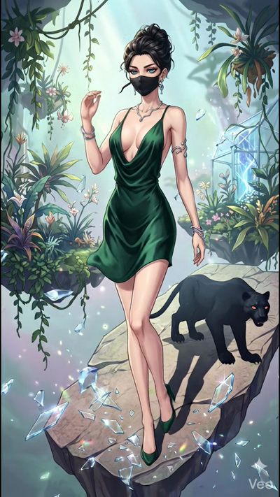 A cinematic anime-style 8-second video. The woman in the dark green silk dress walks gracefully on floating mossy rocks in a sun-drenched mystical jungle. Her black mask and hair flutter in a soft breeze. The black panther shadow on the rock beneath 