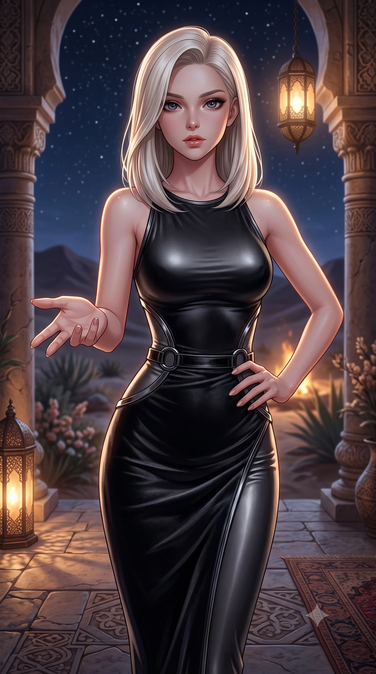 score_9, masterpiece, best quality, ultra-detailed, high-budget anime keyframe, editorial fashion photography, tasteful artistic composition, Caucasian woman. close-up cowboy shot from the waist and thighs up, the character dominates the composition, filling the frame with her large presence, background elements kept in soft focus. Reaching one hand toward the viewer with relaxed sensual elegance, standing on an open-air stone terrace of a private desert villa under a starry sky, mysterious oriental desert luxury aesthetic. She has an exceptionally elegant, slender, and willowy female figure with an ultra-slim waist, a gracefully sculpted slender torso, and a refined silhouette. sharp v-shaped jawline, high-bridge nose, intricate jewel-like eyes with depth, thick eyelashes, glossy lips with a natural sheen. wearing sculpted form-fitting dark velvet column gown in pitch black in metallic dark silver, made of liquid dark mercury jersey, trimmed with dark chrome ring hardware along the waist contours, the fitted fabric emphasizing her ultra-slim waist. surrounded by a warm atmospheric glow with sharp rim highlights. highly saturated vibrant anime colors, detailed shading with soft gradients, rich glossy textures, high-contrast stereoscopic depth, volumetric dynamic lighting, master piece, 9:16 ratio