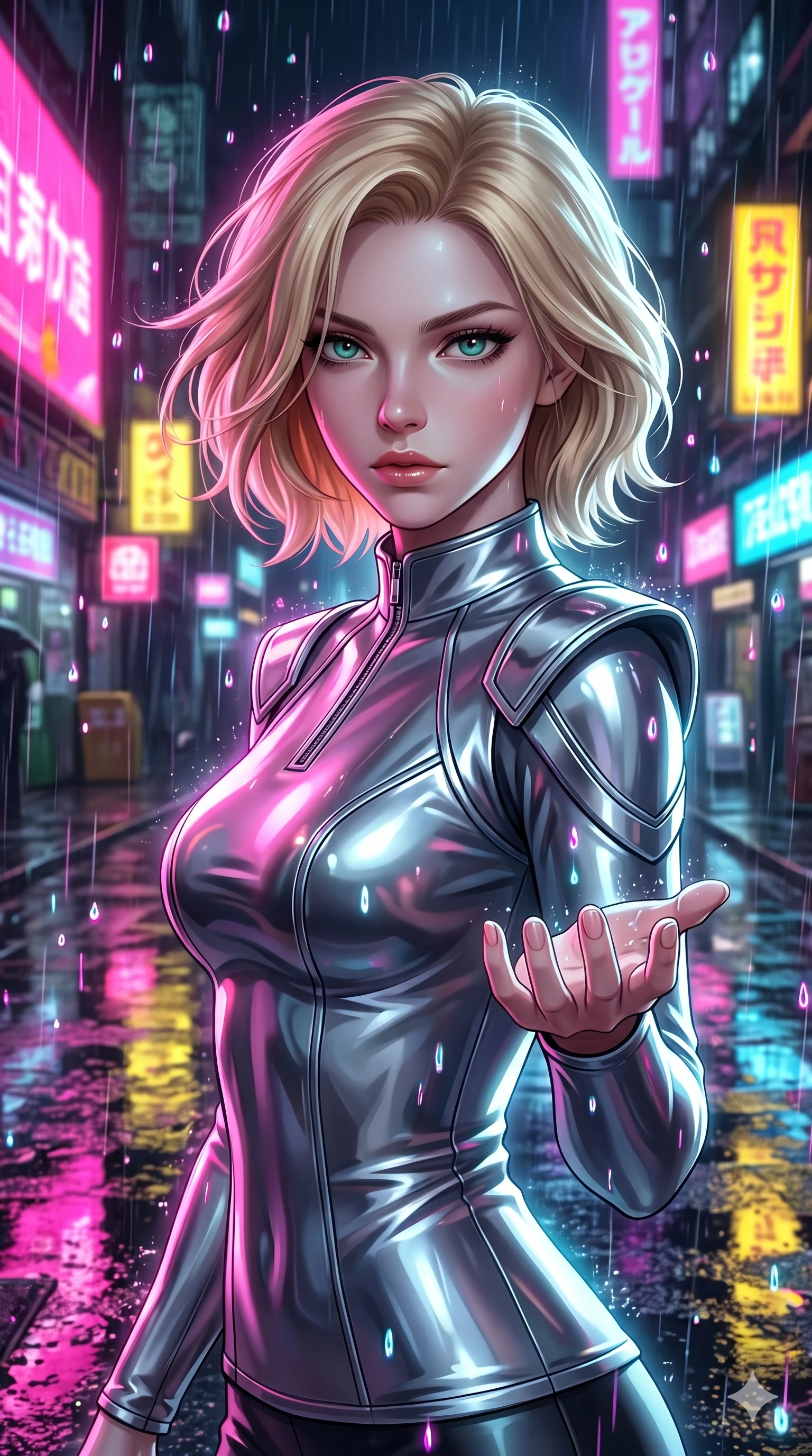 score_9, masterpiece, best quality, ultra-detailed, high-budget anime keyframe, semi-realistic 3D game render, Caucasian woman, strictly human ears. Upper body close-up from the thighs up, character filling the screen for maximum presence. She is turning around sharply in a futuristic night market, with rain reflections on wet asphalt. She reaches out a hand to catch neon-lit rain droplets with an intense, magnetic gaze. She has an absolutely perfect 8-heads proportion, a tall and elegant figure with a refined silhouette and a defined waistline. V-shaped jawline, high-bridge nose, intricate jewel-like eyes with depth, thick eyelashes, glossy lips with a natural sheen. She is wearing a sleek tailored top in liquid-chrome finish that complements her silhouette, styled with sophisticated architectural shoulder accents and a modern zip collar. The scene is lit by bright pink and yellow neon billboards and a sharp white key light tracing her silhouette. 2k, ultra detail, master piece, 9:16 ratio