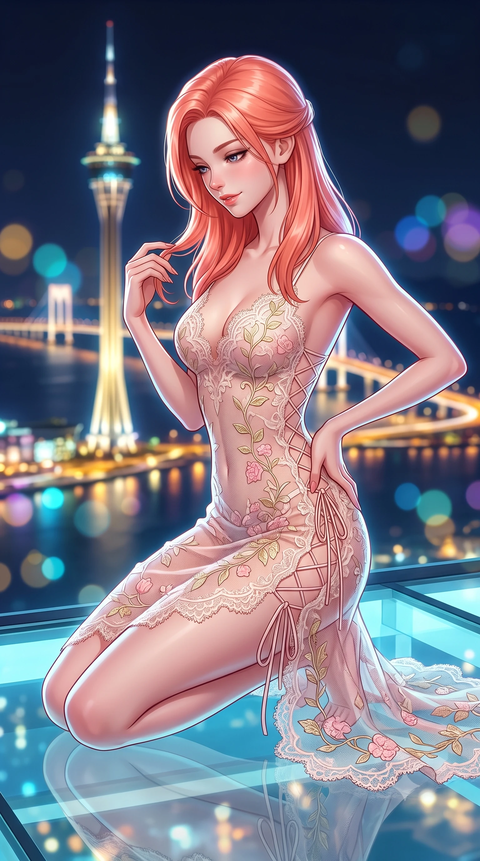score_9, masterpiece, best quality, ultra-detailed, high-budget anime keyframe, semi-realistic 3D game render, editorial fashion photography, tasteful artistic composition, Japanese woman. close-up cowboy shot from the waist and thighs up, the character dominates the composition, filling the frame with her large presence. twisting her slender torso in an alluring contrapposto stance, one hand resting on her sculpted hip while her fingers toy with her hair with effortless poise while perched sideways on the glass floor with one knee drawn up, looking down at the glittering city below with effortless idol poise. The background shows a soft-focus the iconic glowing Macau Tower spire, sea bridges spanning the dark delta, and glittering casino skylines blurred into gold, cyan, and violet bokeh. She has an exceptionally elegant, slender, and willowy female figure with an ultra-slim waist, flat toned midriff, narrow ribcage, and sculpted feminine hips creating an alluring, slim hourglass silhouette without bulk. sharp v-shaped jawline, high-bridge nose, sparkling eyes with hypnotic seductive depth, thick curled eyelashes, glossy parted lips with a natural dewy peach sheen, alluring bedroom-eyes with an enchanting coquettish smile, exuding magnetic siren charisma and sophisticated glamour, flawlessly proportioned anatomical accuracy, strict slender model proportions, natural body alignment, perfectly sculpted long slender limbs, ultra-slim waistline, clean dynamic posture without body distortion. wearing a provocative sheer illusion mesh botanical dress with embroidered climbing ivy ribbons contouring her curves in delicate blush peony pink and antique white lace with gold leaf, made of delicate semi-sheer French Chantilly lace with intricate eyelash edges, featuring fine criss-cross lace-up side ties revealing tantalizing glimpses of her hip curve, the second-skin tailored fabric adhering flawlessly to her sculpted flat midriff and slender torso, emphasizing her long leg lines and perfectly proportioned willowy build. illuminated by glass reflection bounce and sharp platinum rim lights defining her razor-sharp jawline, narrow waist, and curvy hips. highly saturated vibrant anime colors, detailed shading with soft gradients, rich glossy textures, high-contrast stereoscopic depth, volumetric dynamic lighting, master piece, 9:16 ratio