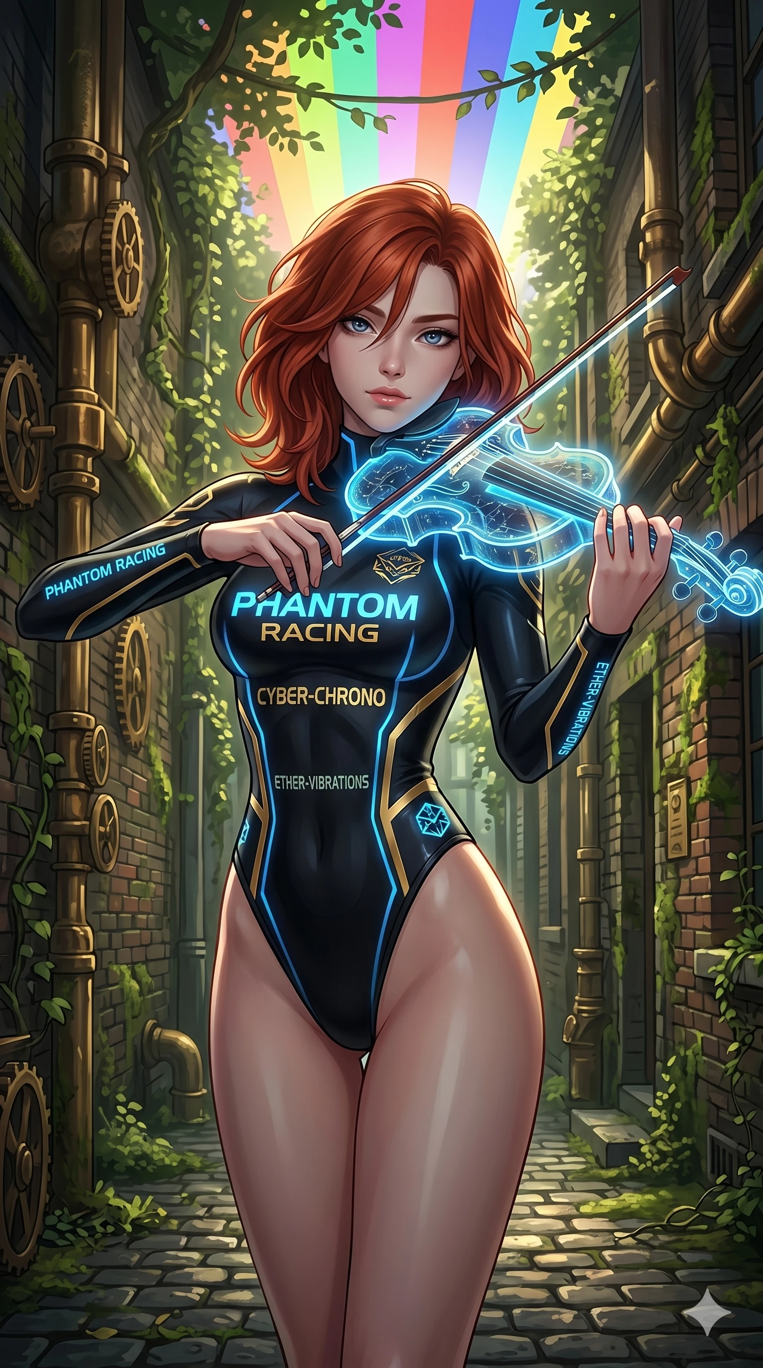 score_9, masterpiece, best quality, ultra-detailed, Set A: High-budget Anime Keyframe, Caucasian (human ears) woman. Upper body close-up from the thighs up, character filling the screen for maximum presence. Theme: Primal Nature. playing a holographic violin in a steampunk London alleyway, with a look of serene power as the sky splits into 18 colors. The atmosphere is filled with cinematic sunlight through leaves. She has an absolutely perfect 8-heads proportion, an exceptionally tall and slender female figure with impossibly long slender legs and an ultra-slim waist. Sharp v-shaped jawline, high-bridge nose, intricate jewel-like eyes with depth, glossy lips. Wearing High-cut racing bodysuit with glowing sponsor-logos and sleek aerodynamic lines. Cinematic lighting, vivid colors, dramatic shadows, 2k, ultra detail, master piece, 9:16 ratio