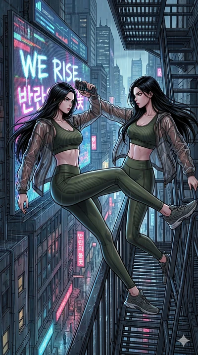 score_9, masterpiece, best quality, ultra-detailed, high-budget anime movie keyframe, cinematic anime lighting, intricate line art, Korean woman. Low angle cowboy shot capturing a powerful motion and statuesque presence. hacking a giant billboard to 