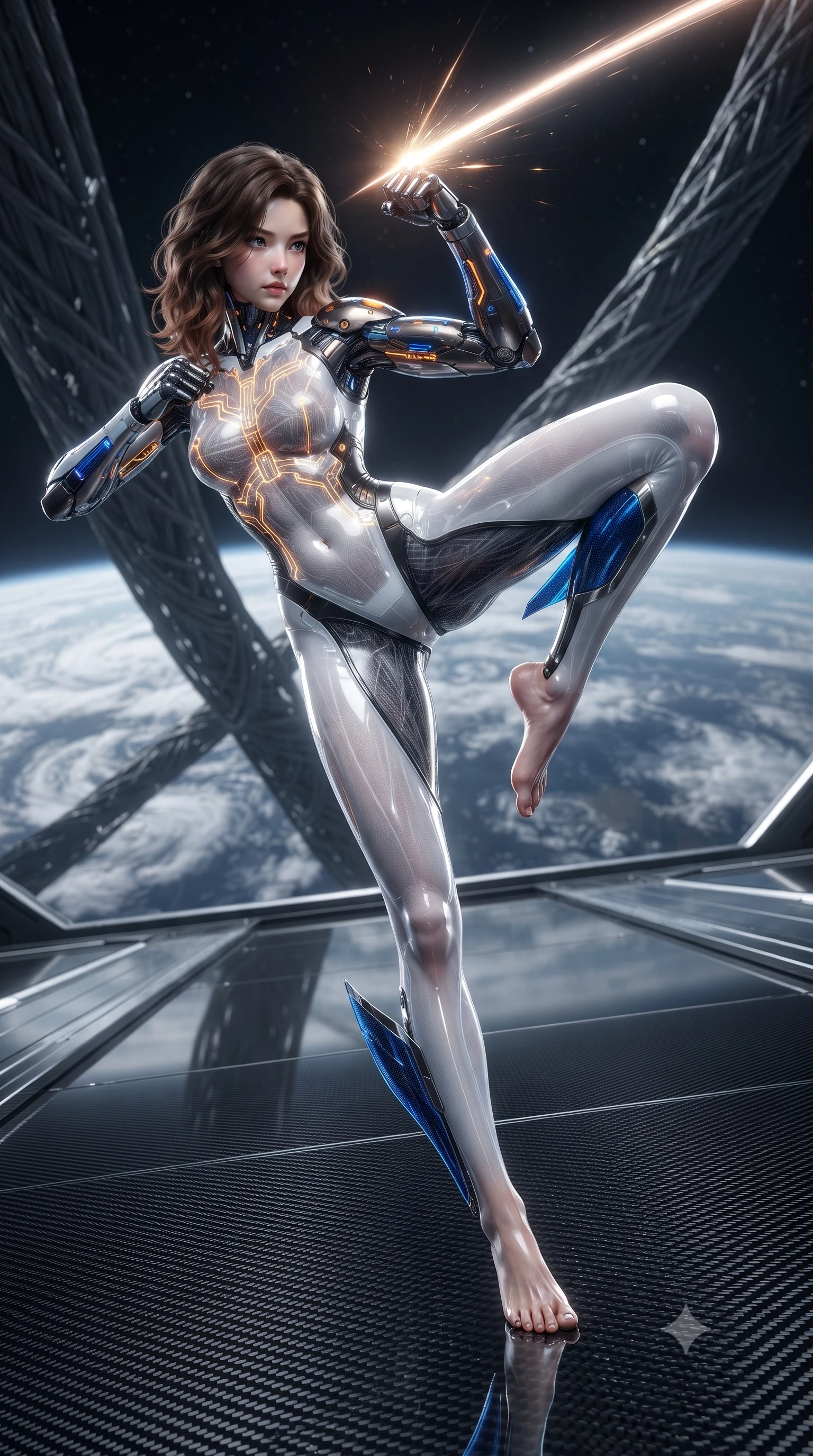 score_9, masterpiece, best quality, ultra-detailed, high-budget anime keyframe, editorial fashion photography, tasteful artistic composition, Korean woman. low angle full-body shot from head to toe showing her feet, filling the entire 9:16 vertical frame with her statuesque presence, stretching her vertical silhouette. pivoting dynamically in a high-speed low sweep kick along the reflective floor, her athletic torso and ultra-slim waist twisting in a fluid arc of power while pivoting dynamically as her cybernetic arm deflects a high-velocity particle beam into the upper atmosphere. The surrounding environment is rendered in vivid detail and crisp panoramic clarity. sharp carbon-fiber gantry floor texture, space elevator cable weave, and planetary cloud swirls in deep focus. She has an absolutely perfect, statuesque 8.5-heads proportion, an exceptionally tall and slender model-like female figure with impossibly long slender legs, a toned flat midriff, and an ultra-slim waist. sharp v-shaped jawline, high-bridge nose, intricate jewel-like eyes with depth, thick eyelashes, glossy lips with a natural sheen, flawlessly proportioned anatomical accuracy, strict slender model proportions, natural body alignment, perfectly sculpted long slender limbs, ultra-slim waistline, clean dynamic posture without body distortion. wearing a high-contrast monochrome white-and-black carbon-composite exoskeleton suit with glowing amber circuitry and aerodynamic limb fins in electric cobalt blue carbon with polished platinum trim, crafted from semi-translucent cybernetic carbon-vinyl interwoven with glowing micro-filaments, finished with high-mobility flexible limb seams and miniature magnetic armor locks, the glove-like aerodynamic second-skin fit tightly clinging to her ultra-slender waist and athletic curves without adding bulk, accentuating her razor-sharp statuesque lines and slim hourglass silhouette. illuminated by crisp specular highlights tracing her sculpted collarbones, waistline, and long slender legs. ultra-reflective glossy finish, specular highlights, dark metallic sheen, high-contrast stereoscopic depth, volumetric dynamic lighting, 2k, ultra detail, master piece, 9:16 ratio