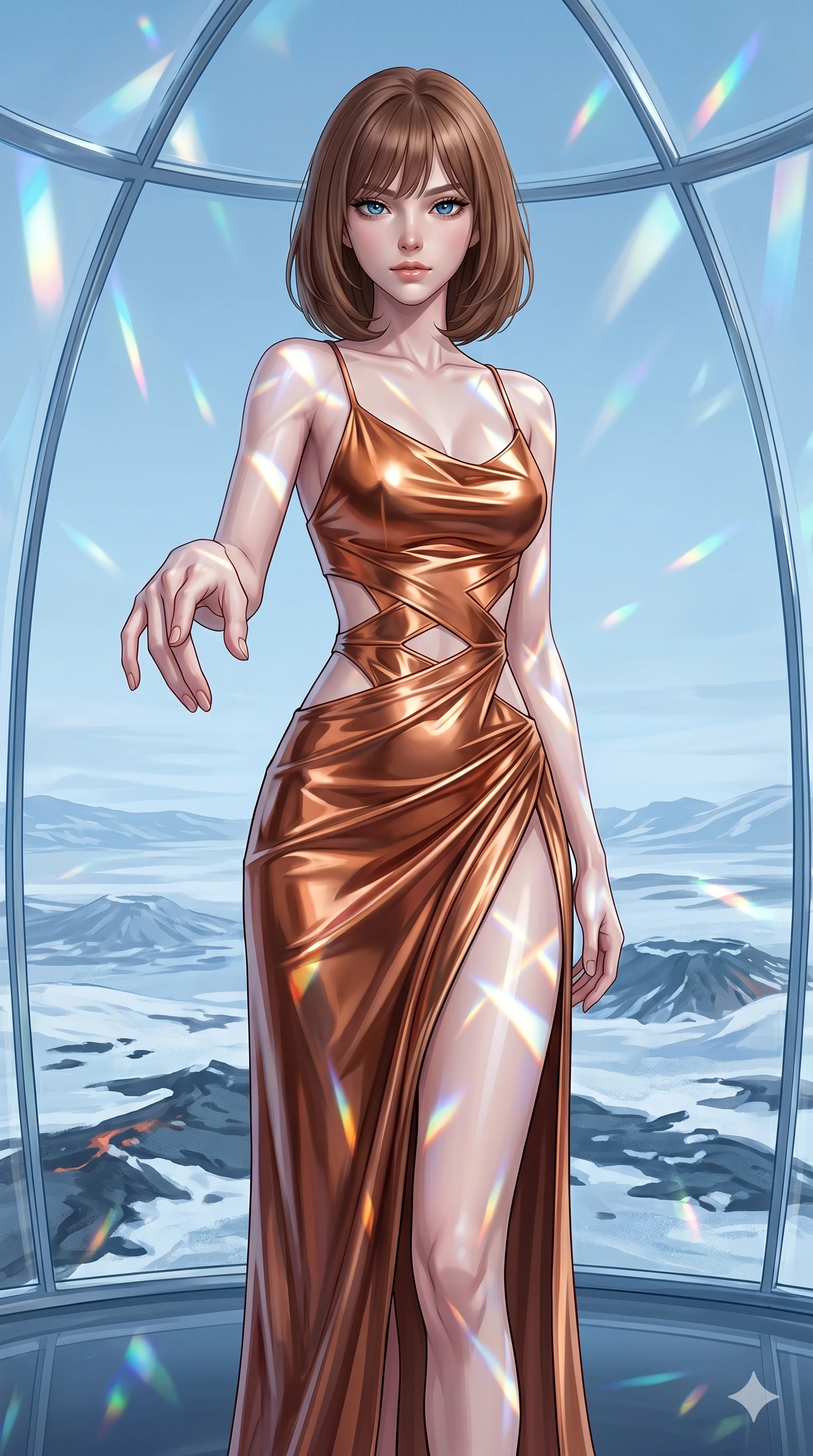 score_9, masterpiece, best quality, ultra-detailed, high-budget anime keyframe, editorial fashion photography, tasteful artistic composition, Caucasian woman, strictly human ears. cowboy shot from the thighs up, character and outfit filling the frame for maximum editorial presence. Reaching one hand toward the viewer with relaxed elegance, her fingers softly bent inside a crystal dome overlooking a frozen volcanic plain under a pale blue sky. She has an absolutely perfect 8-heads proportion, an exceptionally tall and slender female figure with impossibly long slender legs and an ultra-slim waist. V-shaped jawline, high-bridge nose, intricate jewel-like eyes with depth, thick eyelashes, glossy lips with a natural sheen. wearing an asymmetric metallic copper slip dress with geometric waist cutouts and a fluid high-slit skirt. lit by mirror-reflected prismatic spotlights, creating geometric light patterns across her body. 2k, ultra detail, master piece, 9:16 ratio