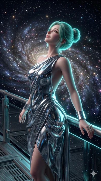 score_9, masterpiece, best quality, ultra-detailed, high-budget anime keyframe, semi-realistic 3D game render, Japanese woman. Upper body close-up from the thighs up, character filling the screen for maximum presence. Standing on an orbital catwalk, 
