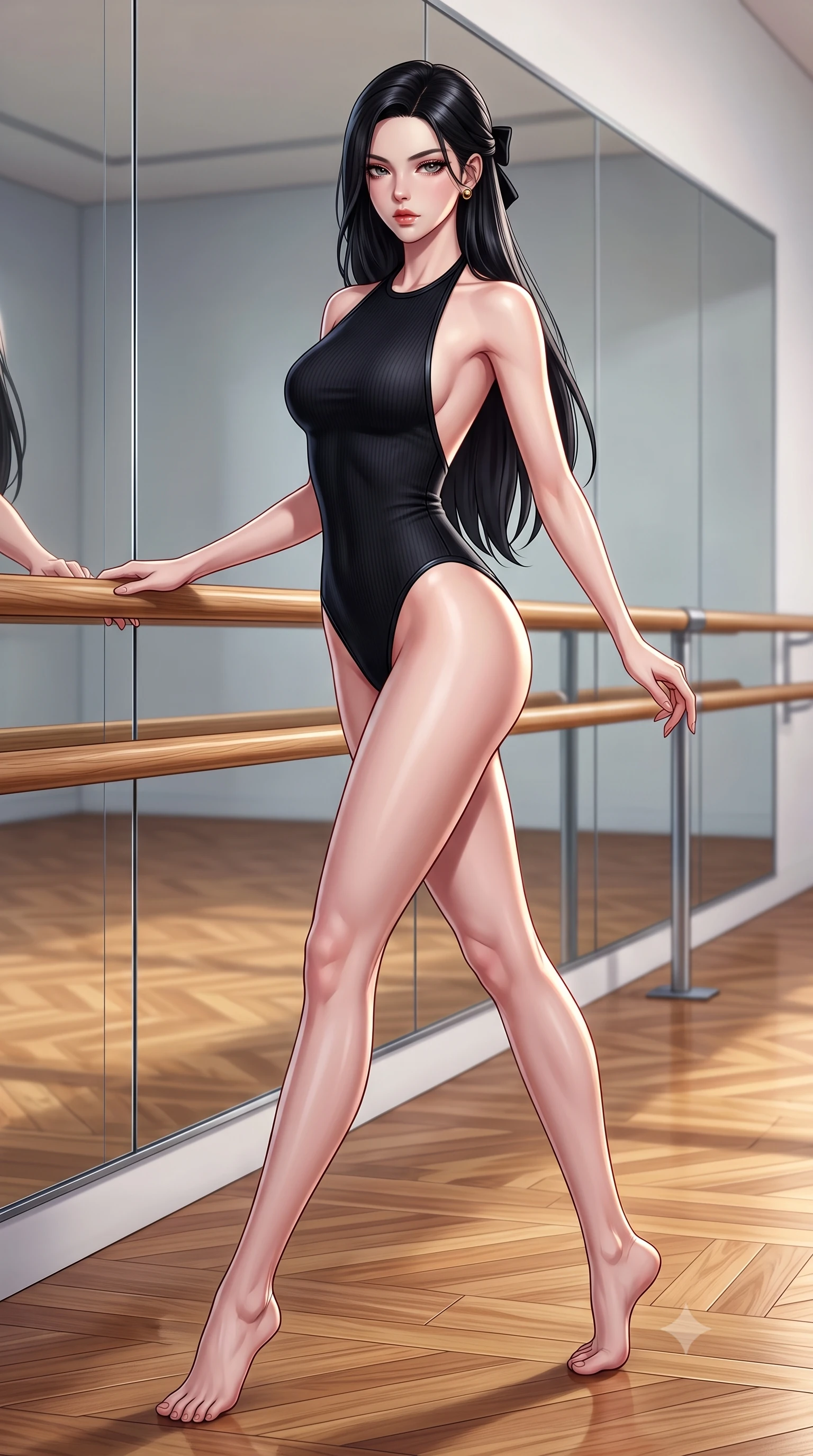 score_9, masterpiece, best quality, ultra-detailed, high-budget anime keyframe, semi-realistic 3D game render, editorial fashion photography, tasteful artistic composition, Korean woman. low angle full-body shot from head to toe showing her feet, filling the entire 9:16 vertical frame with her statuesque presence, stretching her vertical silhouette. striding forward in a proud supermodel runway stride, hips swaying in an alluring kinetic rhythm that accentuates her curvy hourglass silhouette while resting both hands on a polished wooden ballet barre while arching her lower back in a deep cambré stretch, highlighting her sculpted glutes and slender waist. The surrounding environment is rendered in vivid detail and crisp panoramic clarity. sharp mirror reflection seams, polished hardwood parquet flooring, and wooden barre grain in deep focus. She has an absolutely perfect, statuesque 8.5-heads proportion, an exceptionally tall and slender model-like female figure with impossibly long slender legs, a toned flat midriff, an ultra-slim waist, and beautifully sculpted feminine hips. sharp v-shaped jawline, high-bridge nose, intricate jewel-like eyes with depth, thick eyelashes, glossy parted lips with a natural sheen, intensely captivating and seductive bedroom-eyes expression, flawlessly proportioned anatomical accuracy, strict slender model proportions, natural body alignment, perfectly sculpted long slender limbs, ultra-slim waistline, clean dynamic posture without body distortion. wearing a form-contouring halter dance leotard with an open scooped back and high-cut leg openings in pitch black with gloss neon piping, knitted from ultra-soft fine cashmere blend with body-contouring ribbing, complemented by a delicate velvet hair ribbon and gold stud earrings, the second-skin form-contouring cut accentuating her sculpted flat midriff, narrow waistline, and dramatically curvy hips without adding bulk. illuminated by crisp specular rim lights accentuating her narrow waist, curved hips, and long legs. highly saturated vibrant anime colors, detailed shading with soft gradients, rich glossy textures, high-contrast stereoscopic depth, volumetric dynamic lighting, master piece, 9:16 ratio
