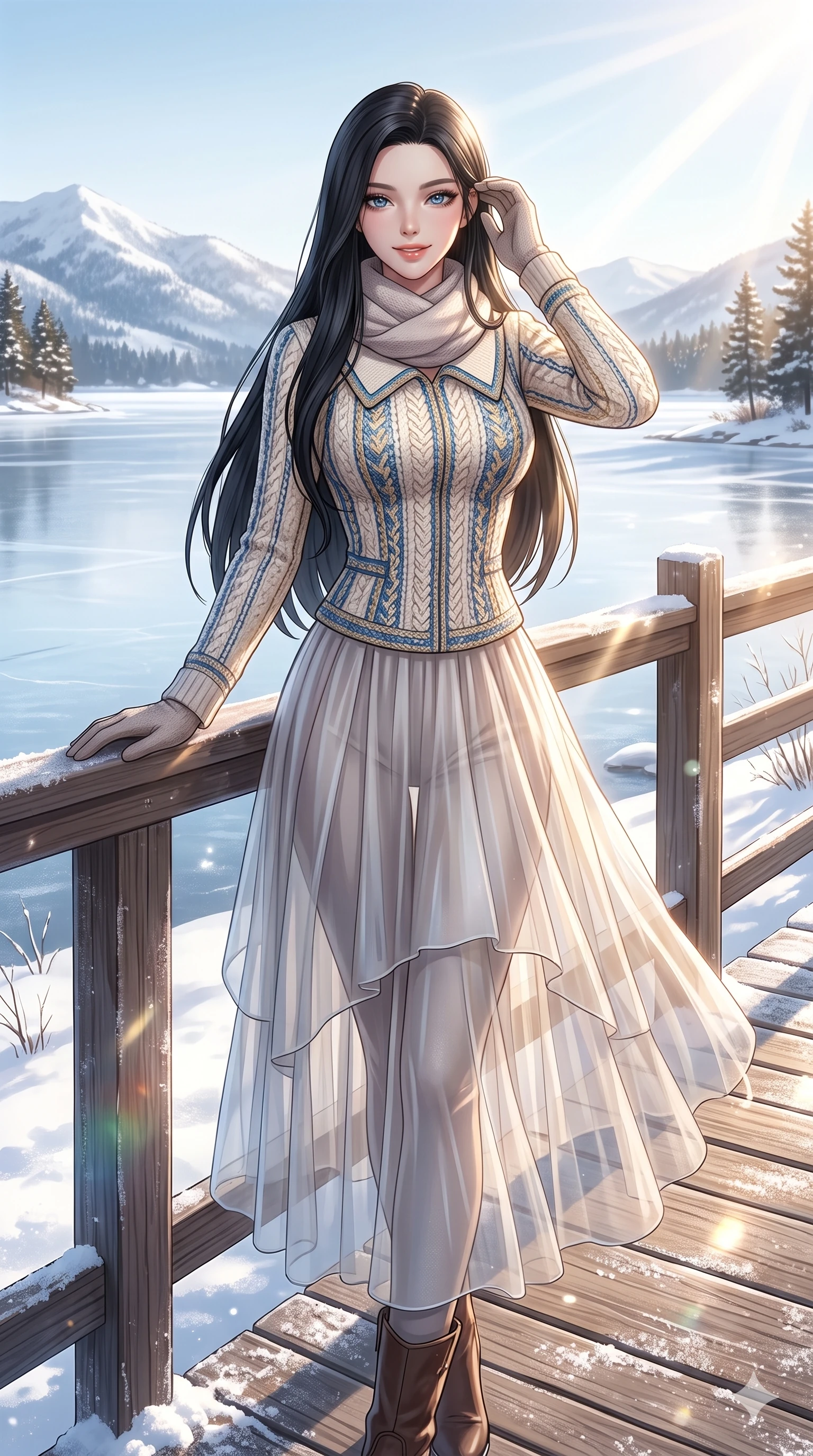 score_9, masterpiece, best quality, ultra-detailed, high-budget anime keyframe, vibrant anime aesthetic, Korean woman. cowboy shot from the thighs up, character and outfit filling the frame for maximum presence. She is posing with a warm, inviting winter smile, her eyes glowing with positive energy by a scenic lakeside wooden deck in the winter sun (Code-P21-166). She has an absolutely perfect 8-heads proportion, an exceptionally tall and slender female figure with impossibly long slender legs and an ultra-slim waist. V-shaped jawline, high-bridge nose, intricate jewel-like eyes with depth, thick eyelashes, glossy lips with a natural sheen. wearing a patterned textured knit-inspired structured bodice top paired with translucent skirt in winter. She is drenched in bright, warm sunbeams reflecting off the snowy ground, casting dancing highlights. 2k, ultra detail, master piece, 9:16 ratio