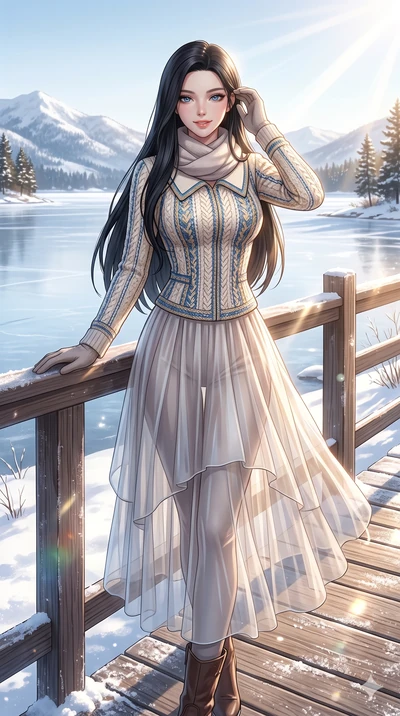 score_9, masterpiece, best quality, ultra-detailed, high-budget anime keyframe, vibrant anime aesthetic, Korean woman. cowboy shot from the thighs up, character and outfit filling the frame for maximum presence. She is posing with a warm, inviting wi