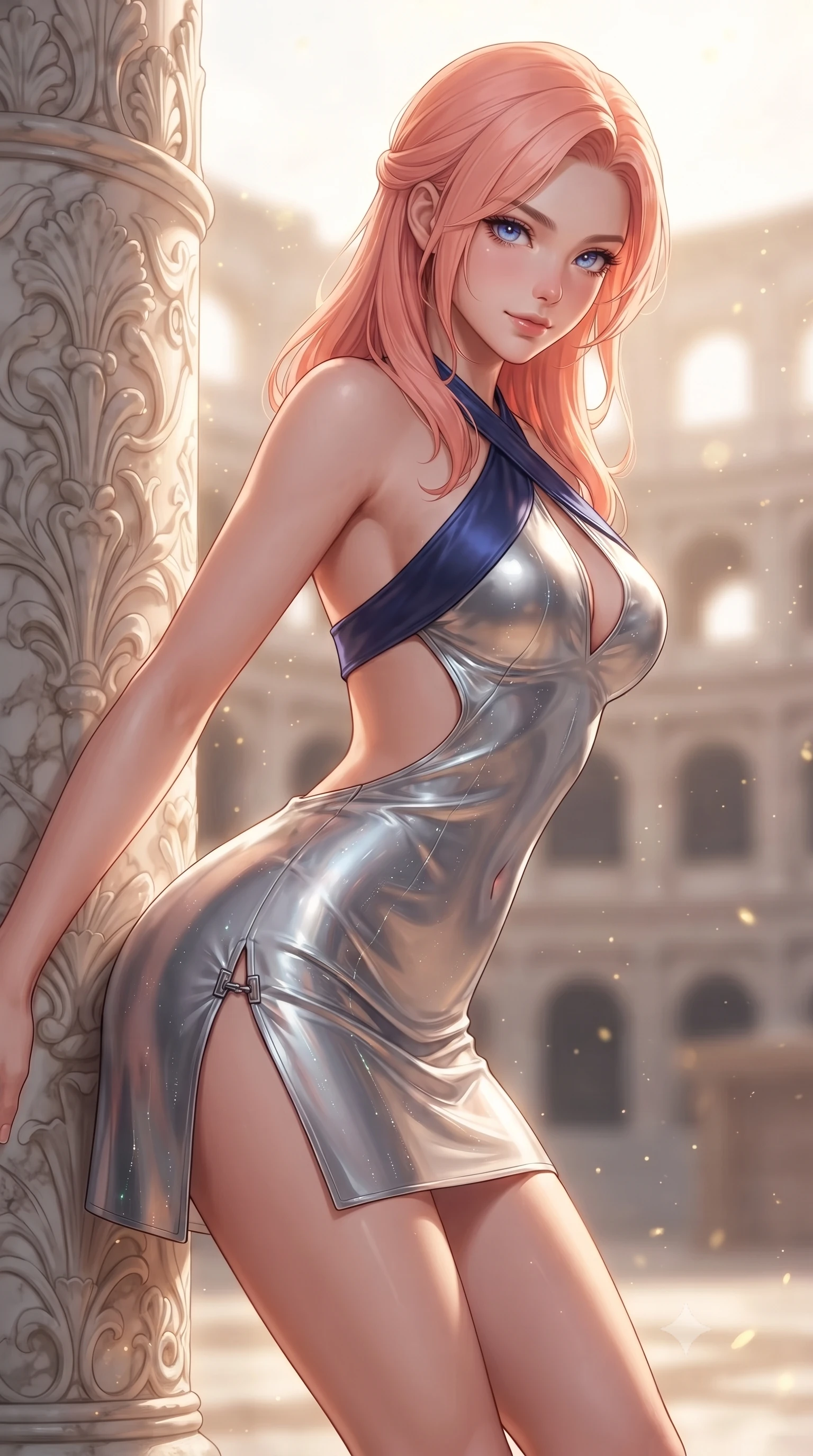score_9, masterpiece, best quality, ultra-detailed, high-budget anime keyframe, editorial fashion photography, tasteful artistic composition, Japanese woman. close-up cowboy shot from the waist and thighs up, the character dominates the composition, filling the frame with her large presence. stretching forward with an alluring arch of her spine, glancing over her shoulder with thick eyelashes and a smoldering half-smile while resting against an intricately carved marble column with a sovereign, captivating smile looking directly into the lens. The composition keeps background elements in soft focus with creamy bokeh. sunlit colosseum tiers and floating golden dust motes softened in luminous shallow depth of field. She has an exceptionally elegant, slender, and willowy female figure with an ultra-slim waist, a gracefully sculpted slender torso, toned flat midriff, and a refined slim silhouette. sharp v-shaped jawline, high-bridge nose, intricate jewel-like eyes with depth, thick eyelashes, glossy lips with a natural sheen, flawlessly proportioned anatomical accuracy, strict slender model proportions, natural body alignment, perfectly sculpted long slender limbs, ultra-slim waistline, clean dynamic posture without body distortion. wearing a molten silver liquid-metal mini dress featuring deep side-waist cutouts and a daring crossover halter neckline in deep royal navy blue and specular chrome, tailored from semi-translucent cybernetic vinyl with glowing micro-filaments, finished with an ultra-high side slit secured by miniature magnetic clasps, the sleek second-skin cut tightly hugging her graceful clavicle, narrow waist, and feminine curves with athletic precision. surrounded by a majestic, radiant, and intensely alluring solar goddess atmosphere. ultra-reflective glossy finish, specular highlights, metallic sheen, high-contrast stereoscopic depth, volumetric dynamic lighting, 2k, ultra detail, master piece, 9:16 ratio