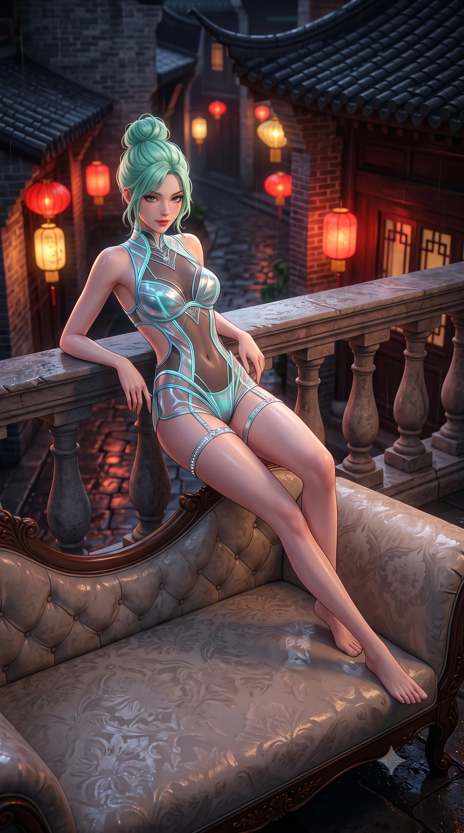 score_9, masterpiece, best quality, ultra-detailed, high-budget anime keyframe, semi-realistic 3D game render, editorial fashion photography, tasteful artistic composition, Japanese woman. low angle full-body shot from head to toe showing her feet, filling the entire 9:16 vertical frame with her statuesque presence, stretching her vertical silhouette. reclining gracefully across the plush chaise lounge with one leg extended, her sculpted silhouette and flat midriff radiating magnetic nocturnal glamour while leaning against the carved stone balustrade with hips cocked back, looking down at cobblestone alleyways with smoldering bedroom-eyes. The background shows a soft-focus red silk lanterns casting crimson glows on historic grey and red brickwork, wet cobblestone reflections, and dark tiled eaves blurred into vermilion, amber, and charcoal bokeh. She has an exceptionally tall and slender model-like 8.5-heads proportion, an ultra-slim waist, a flat toned midriff, narrow delicate ribcage, and beautifully sculpted feminine hips creating a graceful, slim hourglass silhouette without any bulky heaviness, with impossibly long slender legs. sharp v-shaped jawline, high-bridge nose, intricate jewel-like sparkling eyes with depth, thick eyelashes, glossy parted lips with a natural peach sheen, bright cheerful beaming smile with an enchanting and coquettish sensual glint, exuding both youthful cute charm and seductive allure, flawlessly proportioned anatomical accuracy, strict slender model proportions, natural body alignment, perfectly sculpted long slender limbs, ultra-slim waistline, clean dynamic posture without body distortion. wearing a provocative cyber-mesh sheer bodysuit with luminescent holographic fiber piping contouring her hourglass frame in Neo-Carthage holographic cyan and solar chrome, crafted from translucent silk organza with an ethereal crystalline sheen, finished with delicate crystal-encrusted thigh garter straps glinting in the dim light, the precision-cut side openings and low-back scoop framing her graceful spine and the sensual sweep of her slim, toned hips. bathed in the romantic red-and-gold 2200K glow of hanging silk lanterns contrasted with deep midnight rain ambient. highly saturated vibrant anime colors, detailed shading with soft gradients, rich glossy textures, high-contrast stereoscopic depth, volumetric dynamic lighting, master piece, 9:16 ratio