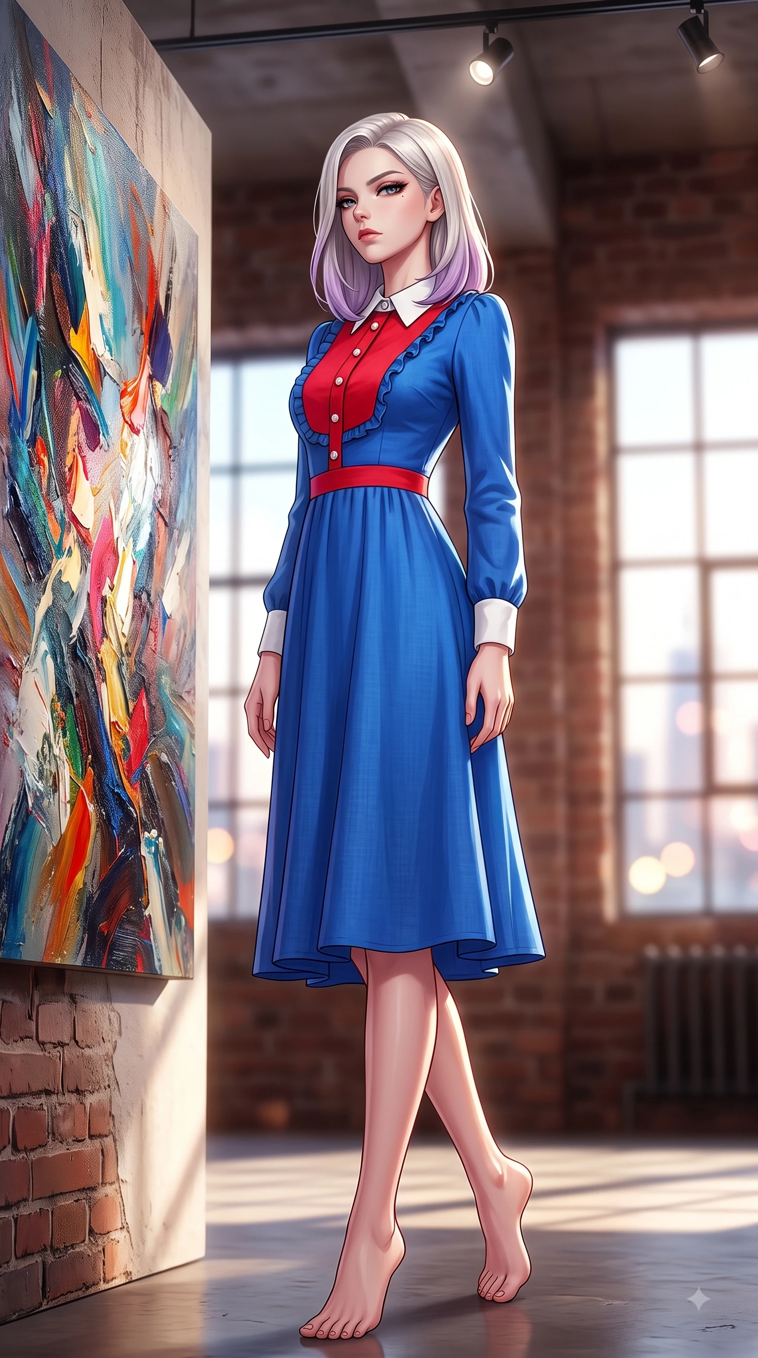 score_9, masterpiece, best quality, ultra-detailed, high-budget anime keyframe, editorial fashion photography, tasteful artistic composition, Caucasian woman. low angle full-body shot from head to toe showing her feet, filling the entire 9:16 vertical frame with her statuesque presence, stretching her vertical silhouette. Indifferent cold glance casting a disdainful side-eye from beneath long dark eyelashes with aloof confidence while pausing dramatically near a large abstract oil painting with a magnetic editorial gaze. The composition keeps background elements in soft focus with dreamy bokeh. exposed brick textures and sunlit factory windows blurred in gentle background depth. She has an absolutely perfect, statuesque 8.5-heads proportion, an exceptionally tall and slender model-like female figure with impossibly long slender legs and an ultra-slim waist. sharp v-shaped jawline, high-bridge nose, intricate jewel-like eyes with depth, thick eyelashes, glossy lips with a natural sheen, flawlessly proportioned anatomical accuracy, natural body alignment, perfectly sculpted elegant limbs, clean dynamic posture without body distortion. wearing a vivid sapphire blue satin midi dress following her statuesque figure in vibrant crimson red and crisp snow white, crafted from soft breathable Italian linen, accented with delicate pearl buttons and refined ruffle trims, the chic fashion cut framing her graceful clavicle and slender torso. illuminated by crisp gallery spotlights and rich mahogany ambient glow. highly saturated vibrant anime colors, detailed shading with soft gradients, rich glossy textures, high-contrast stereoscopic depth, volumetric dynamic lighting, master piece, 9:16 ratio