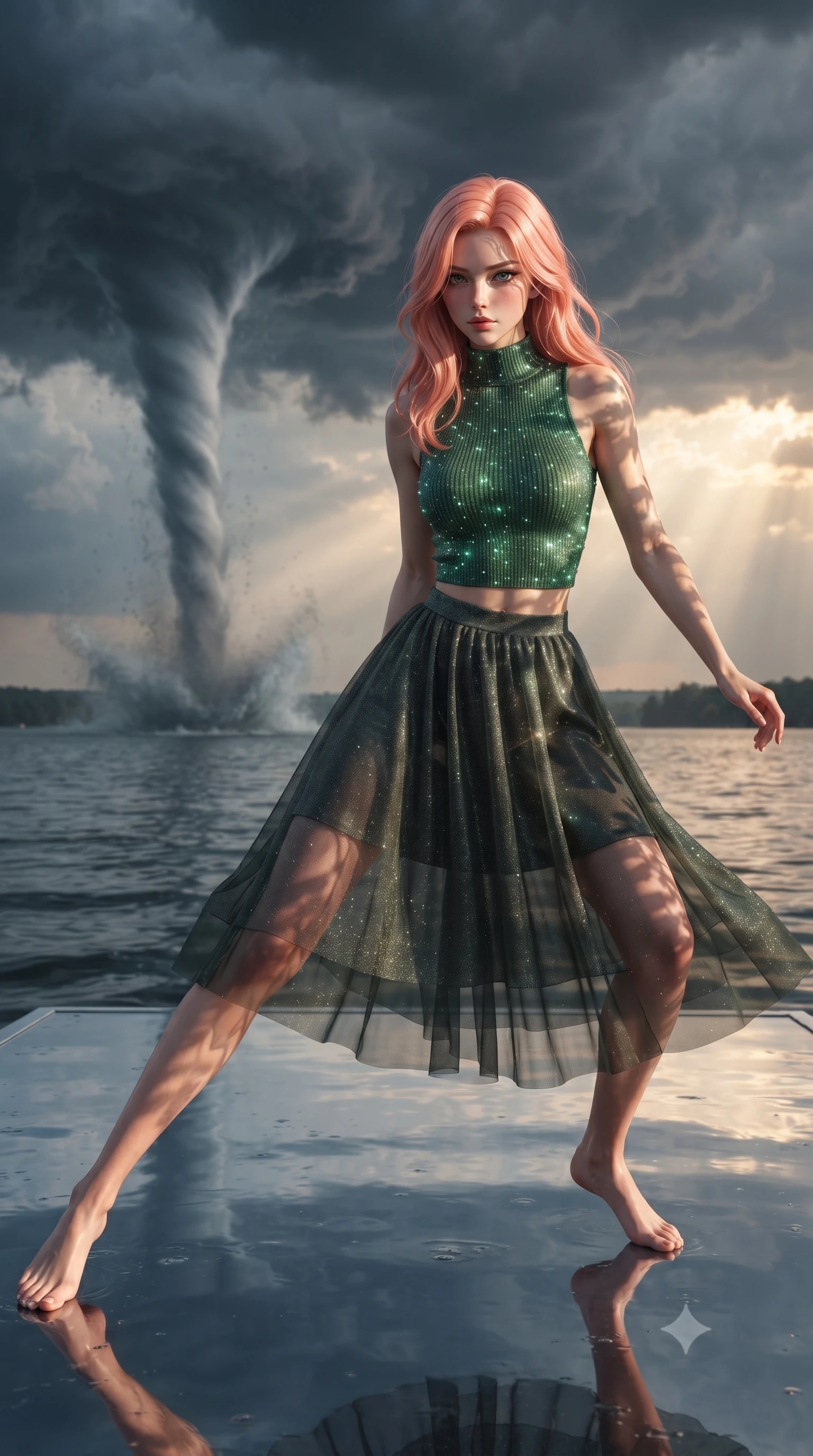 score_9, masterpiece, best quality, ultra-detailed, high-budget anime keyframe, editorial fashion photography, tasteful artistic composition, realistic cosplay photography, Japanese woman. low angle full-body shot from head to toe showing her feet, filling the entire 9:16 vertical frame with her statuesque presence, stretching her vertical silhouette. skidding across a slick reflective surface in a low combat stance through a lakeside platform during a storm, where a massive water spout connects the lake to a dark storm cloud above. She has a statuesque 8.5-heads proportion, an exceptionally tall, slender and willowy model-like build with impossibly long legs and a highly sculpted ultra-slim waist. sharp v-shaped jawline, high-bridge nose, intricate jewel-like eyes with depth, thick eyelashes, glossy lips with a natural sheen. wearing catching and diffusing the glowing particles, shimmering softly in response to the surrounding light, a body-hugging high-neck ribbed crop top in forest green, paired with a midi skirt featuring a sheer chiffon overlay revealing her legs. warm golden afternoon sunbeams casting soft organic leaf shadows across her skin. ultra-reflective glossy finish, specular highlights, metallic sheen, high-contrast stereoscopic depth, volumetric dynamic lighting, 2k, ultra detail, master piece, 9:16 ratio