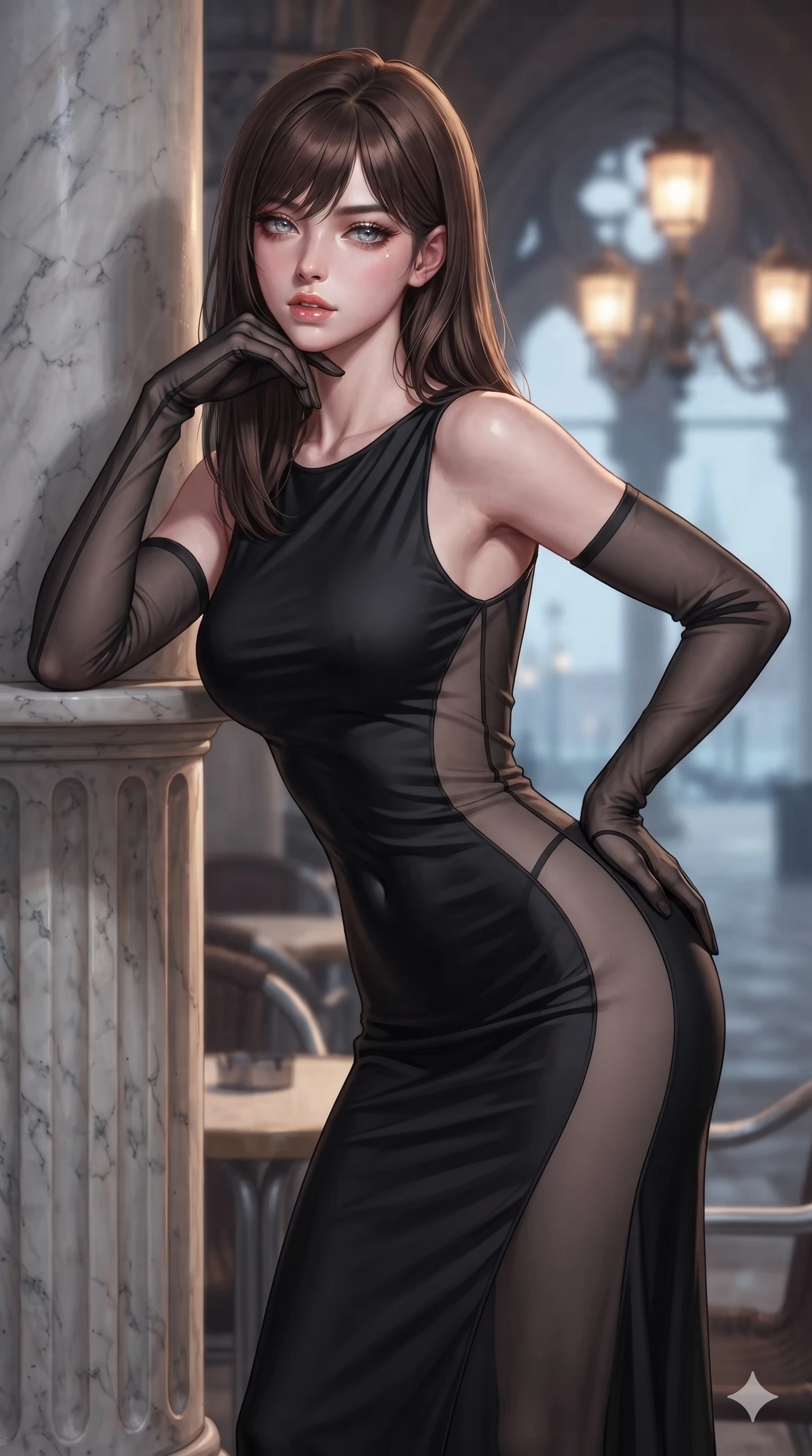 score_9, masterpiece, best quality, ultra-detailed, high-budget anime keyframe, editorial fashion photography, tasteful artistic composition, Korean woman. close-up cowboy shot from the waist and thighs up, the character dominates the composition, filling the frame with her large presence. resting one elbow on the table and supporting her chin, leaning close to the camera with heavy-lidded sparkling eyes and parted lips while leaning against a fluted marble column with hips cocked back, gazing through the misty piazza with intoxicating, smoldering bedroom-eyes. The background shows a soft-focus soaring gothic stone arches, glowing historic gas lanterns, and distant misty lagoon waters blurred into cobalt, amber, and alabaster bokeh. She has an exceptionally elegant, slender, and willowy female figure with an ultra-slim waist, flat toned midriff, narrow ribcage, and sculpted feminine hips creating an alluring, slim hourglass silhouette without bulk. sharp v-shaped jawline, high-bridge nose, intricate jewel-like sparkling eyes with depth, thick eyelashes, glossy parted lips with a natural sheen, intensely captivating and seductive bedroom-eyes expression, exuding both youthful cute charm and sovereign luxury allure, flawlessly proportioned anatomical accuracy, strict slender model proportions, natural body alignment, perfectly sculpted long slender limbs, ultra-slim waistline, clean dynamic posture without body distortion. wearing a second-skin black silk jersey maxi dress with asymmetrical sheer mesh side panels tracing the full curve of her hip in charcoal grey and polished chrome, tailored from heavy double-faced silk georgette with an exceptionally fluid drape, complemented by sheer opera-length evening gloves tracing her slender arms, the form-contouring material adhering flawlessly to her sculpted flat midriff and slender torso, emphasizing her long leg lines and perfectly proportioned willowy build. illuminated by pavement reflection bounce and sharp gold-sapphire rim lights defining her razor-sharp jawline, narrow waist, and curvy hips. ultra-reflective glossy finish, specular highlights, rich textural contrasts, high-contrast stereoscopic depth, volumetric dynamic lighting, 2k, ultra detail, master piece, 9:16 ratio