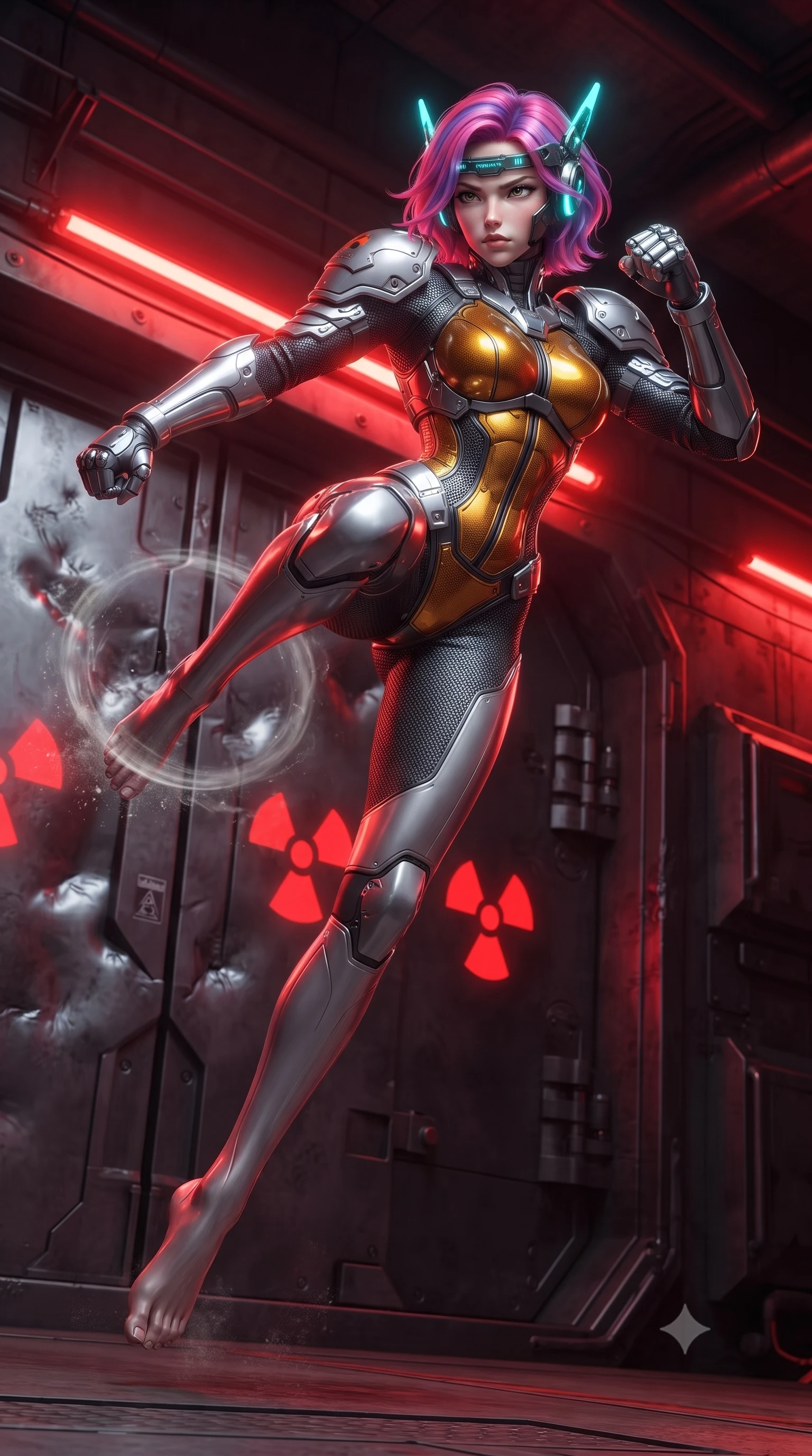 score_9, masterpiece, best quality, ultra-detailed, high-budget anime keyframe, editorial fashion photography, tasteful artistic composition, Caucasian woman. low angle full-body shot from head to toe showing her feet, filling the entire 9:16 vertical frame with her statuesque presence, stretching her vertical silhouette. leaping into mid-air with an athletic yet alluring arch of her spine, driving a downward kinetic strike surrounded by a ring of displaced air while breaching the blast doors of a fortified underground bunker as pulsating red radioactive hazard beacons wash over her sculpted cuirass. The surrounding environment is rendered in vivid detail and crisp panoramic clarity. sharp heavy modular cuirass plate bevels, glowing hazard symbol stencils, and dented steel bulkheads in deep focus. She has an absolutely perfect, statuesque 8.5-heads proportion, an exceptionally tall and slender model-like female figure with impossibly long slender legs, a toned flat midriff, and an ultra-slim waist. sharp v-shaped jawline, high-bridge nose, intricate jewel-like eyes with depth, thick eyelashes, glossy lips with a natural sheen, fierce and resolute heroine expression, flawlessly proportioned anatomical accuracy, strict slender model proportions, natural body alignment, perfectly sculpted long slender limbs, ultra-slim waistline, clean dynamic posture without body distortion. wearing a lightweight carbon-fiber tactical sensory headpiece with glowing cyan ear-antennae and an ultra-thin forehead HUD brow-band, paired with a statuesque high-fashion cyber-warrior armor suit with platinum bevels, heavy articulated shoulder guards, and an ultra-slim waist-cinching corset in molten amber-gold carbon cuirass with dark gunmetal weave, tailored from flexible second-skin ballistic carbon-mesh adhering flawlessly to her athletic build, detailed with kinetic shock-dampening knuckle guards and polished chrome connection joints, the form-contouring material adhering flawlessly to her sculpted flat midriff and slender torso, emphasizing her long leg lines and perfectly proportioned willowy build. surrounded by an unstoppable, royal, and fiercely triumphant lone survivor empress aura. ultra-reflective glossy finish, specular highlights, dark metallic sheen, high-contrast stereoscopic depth, volumetric dynamic lighting, 2k, ultra detail, master piece, 9:16 ratio