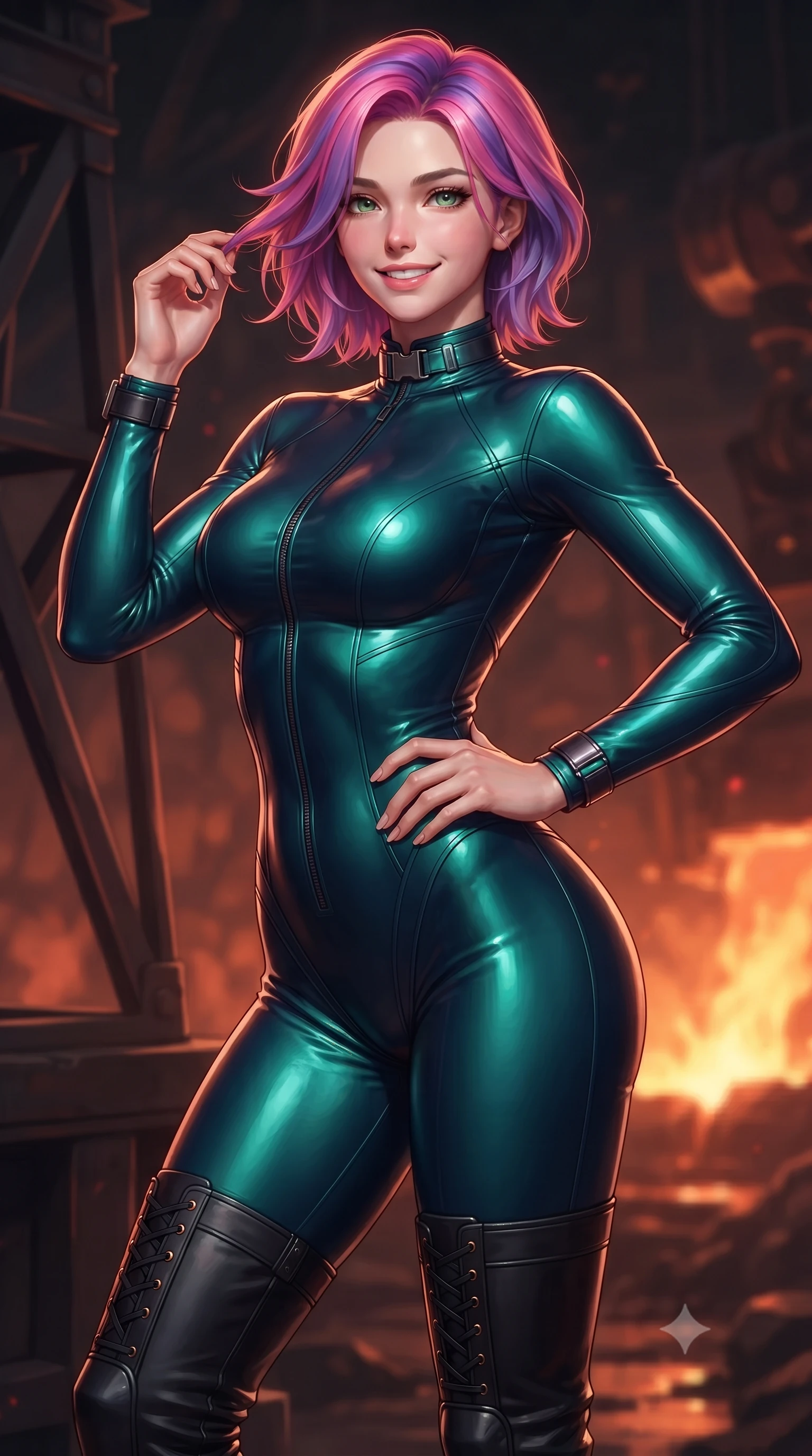 score_9, masterpiece, best quality, ultra-detailed, high-budget anime keyframe, editorial fashion photography, tasteful artistic composition, Caucasian woman. close-up cowboy shot from the waist and thighs up, the character dominates the composition, filling the frame with her large presence. twisting her slender torso in an alluring contrapposto stance, one hand resting on her sculpted hip while her fingers toy with her hair with effortless poise while twisting her slender torso in an alluring contrapposto stance beside the slag skimming crane, incandescent crimson magma light caressing her narrow waist and curvy hips. The background shows a soft-focus shimmering thermal heat haze softened in subterranean volcanic forge shallow focus. She has an exceptionally elegant, slender, and willowy female figure with an ultra-slim waist, flat toned midriff, narrow ribcage, and sculpted feminine hips creating an alluring, slim hourglass silhouette without bulk. sharp v-shaped jawline, high-bridge nose, intricate jewel-like sparkling eyes with depth, thick eyelashes, glossy parted lips with a natural peach sheen, bright cheerful beaming smile with an enchanting and coquettish sensual glint, exuding both youthful cute charm and seductive allure, flawlessly proportioned anatomical accuracy, strict slender model proportions, natural body alignment, perfectly sculpted long slender limbs, ultra-slim waistline, clean dynamic posture without body distortion. wearing an ultra-sleek second-skin tactical combat bodysuit made of liquid-gloss neoprene with reinforced ribcage contouring seams hugging her hourglass figure in bioluminescent emerald and abyssal sapphire, tailored from high-density tech-wool with subtle metallic thread weave, finished with sleek magnetic buckle closures fluttering in the breeze, the liquid-tight tailored fabric clinging flawlessly to her narrow waist and rounded feminine hips, emphasizing every millimeter of her sculpted slim hourglass curves without any bulky heaviness. illuminated by molten slag reflection bounce and sharp copper-gold rim lights sculpting her razor-sharp jawline, narrow waist, and curvy hips. ultra-reflective glossy finish, specular highlights, rich textural contrasts, high-contrast stereoscopic depth, volumetric dynamic lighting, 2k, ultra detail, master piece, 9:16 ratio