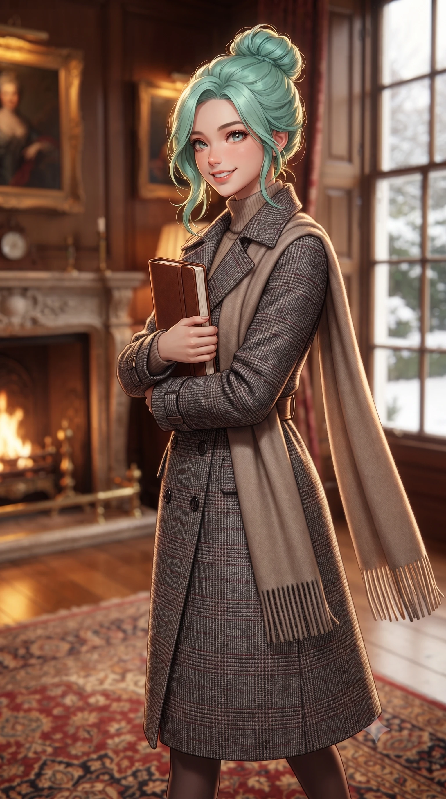 score_9, masterpiece, best quality, ultra-detailed, high-budget anime keyframe, editorial fashion photography, tasteful artistic composition, Japanese woman. close-up cowboy shot from the waist and thighs up, the character dominates the composition, filling the frame with her large presence. holding a leather notebook close to her chest with both arms, smiling delightfully with youthful scholarly grace while walking across the antique Persian carpet toward the tall sash windows, turning with an alluring, warm tilt of her head. The background shows a soft-focus flickering golden firelight from ornate hearth, oil paintings in gilded rococo frames, and rich wood wall paneling blurred into mahogany, crimson, and gold bokeh. She has an exceptionally elegant, slender, and willowy female figure with an ultra-slim waist, flat toned midriff, narrow ribcage, and sculpted feminine hips creating an alluring, slim hourglass silhouette without bulk. sharp v-shaped jawline, high-bridge nose, intricate jewel-like sparkling eyes with depth, thick eyelashes, glossy parted lips with a natural peach sheen, bright cheerful beaming smile with an enchanting and coquettish sensual glint, exuding both youthful cute charm and seductive allure, flawlessly proportioned anatomical accuracy, strict slender model proportions, natural body alignment, perfectly sculpted long slender limbs, ultra-slim waistline, clean dynamic posture without body distortion. wearing a classic double-breasted trench coat with a cinched waist belt worn over a fine-knit cashmere turtleneck and tailored trousers in classic glen plaid monochrome with subtle wine red accent, tailored from heritage British Harris Tweed with rich multi-tonal yarn weave, accented with a wide brushed cashmere fringe scarf draped elegantly over one shoulder, the expertly draped wool fabric falling in crisp fluid lines along her tall 8.5-heads silhouette, celebrating her slender frame without excess fabric bulk. bathed in the rich, dancing warm 2400K hearth glow from the roaring fireplace mixed with soft brass floor lamp pools. ultra-reflective glossy finish, specular highlights, rich textural contrasts, high-contrast stereoscopic depth, volumetric dynamic lighting, 2k, ultra detail, master piece, 9:16 ratio
