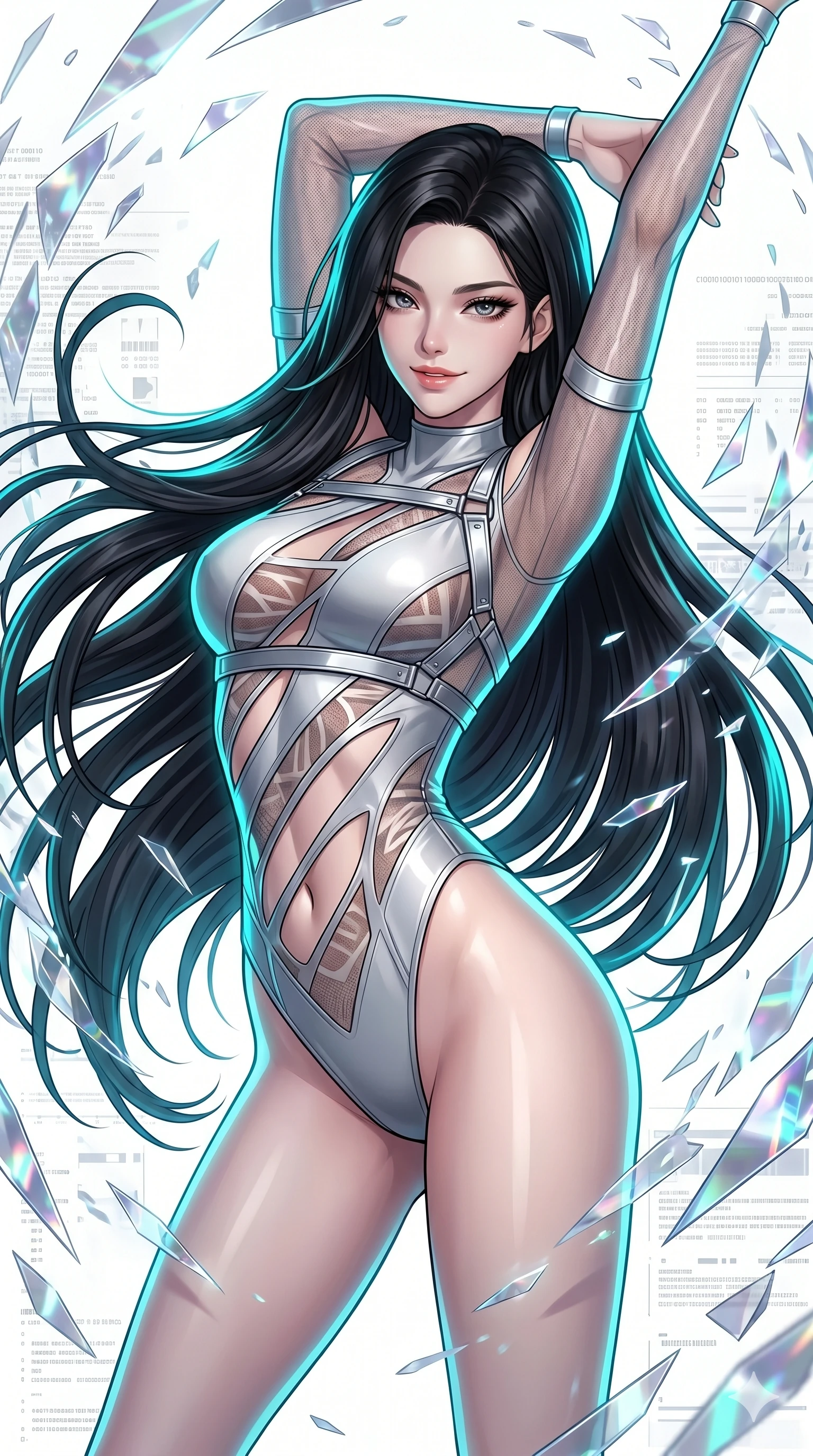 score_9, masterpiece, best quality, ultra-detailed, high-budget anime keyframe, Korean woman. Upper body close-up from the thighs up, character filling the screen for maximum presence. She is leaning back with a seductive, challenging smile amidst swirling holographic data shards in a brilliant white digital void. She stretches one arm overhead in a dynamic, fluid motion. She has an absolutely perfect 8-heads proportion, an exceptionally tall and slender female figure with impossibly long slender legs and an ultra-slim waist. V-shaped jawline, high-bridge nose, intricate jewel-like eyes with depth, thick eyelashes, glossy lips with a natural sheen. She is wearing an ultra-sleek high-cut tech-bodysuit featuring dangerous diagonal slitted cutouts on the midriff and shoulders, reinforced by a metallic silver harness and sheer mesh sleeves. The scene is illuminated by stark white key lights and a neon cyan rim light tracing her curves. 2k, ultra detail, master piece, 9:16 ratio