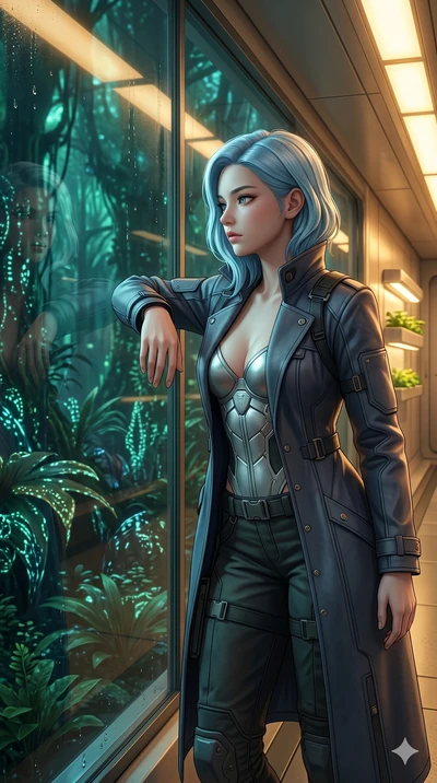score_9, masterpiece, best quality, ultra-detailed, high-budget anime keyframe, semi-realistic 3D game render, Korean woman. Upper body close-up from the thighs up, character filling the screen for maximum presence. Inside a biotech garden corridor w