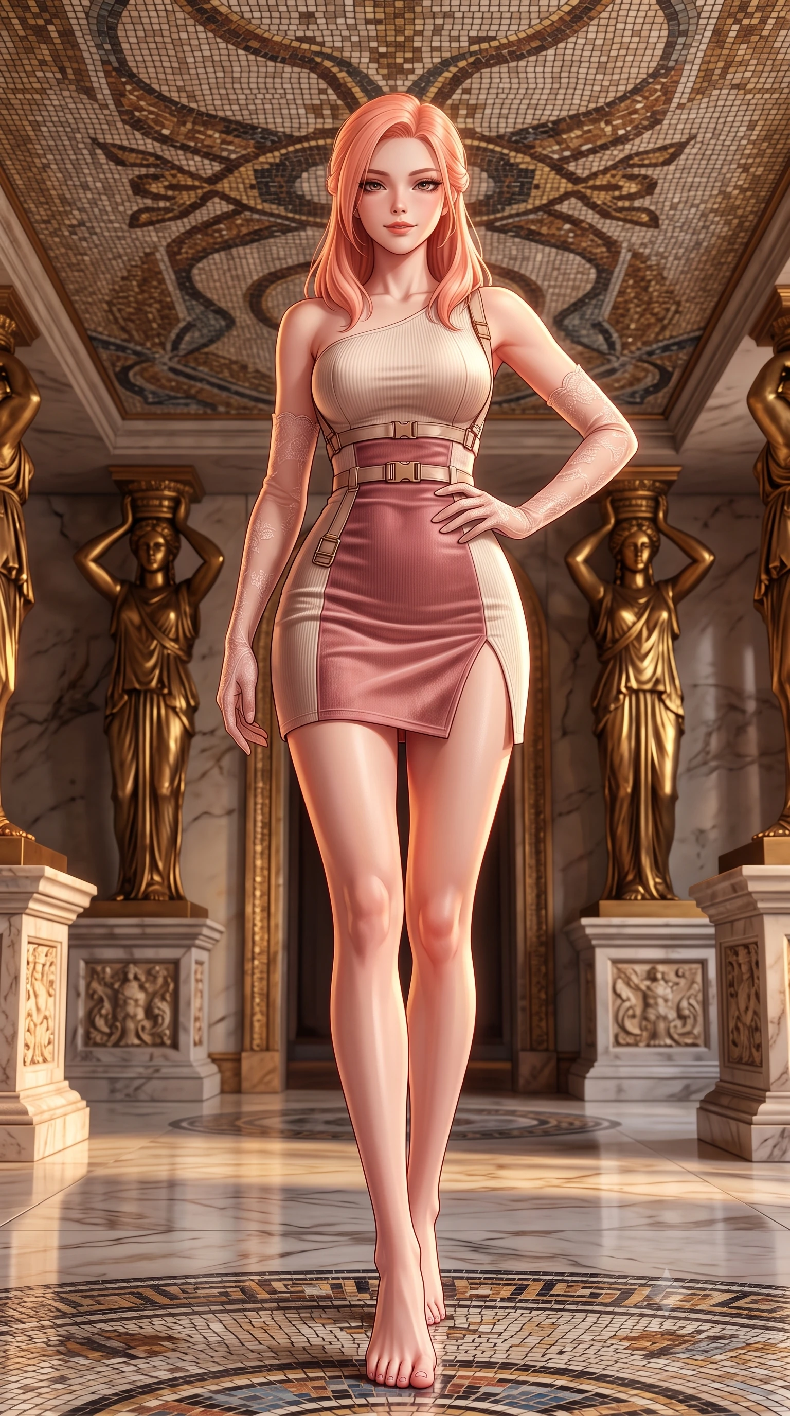 score_9, masterpiece, best quality, ultra-detailed, high-budget anime keyframe, semi-realistic 3D game render, editorial fashion photography, tasteful artistic composition, Japanese woman. low angle full-body shot from head to toe showing her feet, filling the entire 9:16 vertical frame with her statuesque presence, stretching her vertical silhouette. stepping slowly toward the camera with hypnotic grace, hips swaying in an alluring sensual rhythm that accentuates her curvy hourglass silhouette and long slender legs while twisting her slender torso in an alluring contrapposto stance, shimmering ceiling mosaic tiles mirroring her narrow waist and rounded hips. The surrounding environment is rendered in vivid detail and crisp panoramic clarity: sharp glass mosaic tesserae reflections, gilded bronze caryatid facial features, and marble base carvings in deep focus. She has an absolutely perfect, statuesque 8.5-heads proportion, an exceptionally tall and slender model-like female figure with impossibly long slender legs, an ultra-slim waist, a flat toned midriff, narrow delicate ribcage, and beautifully sculpted feminine hips creating a graceful, slim hourglass silhouette without any bulky heaviness. sharp v-shaped jawline, high-bridge nose, sparkling eyes with hypnotic seductive depth, thick curled eyelashes, glossy parted lips with a natural dewy peach sheen, alluring bedroom-eyes with an enchanting coquettish smile, exuding magnetic siren charisma and sophisticated glamour, flawlessly proportioned anatomical accuracy, strict slender model proportions, natural body alignment, perfectly sculpted long slender limbs, ultra-slim waistline, clean dynamic posture without body distortion. wearing an asymmetric one-shoulder tactical compression mini dress with a dramatic hip-high slit and utility harness belt in powder champagne cream and dusty rose velvet, tailored from fine ribbed modal knit with gentle elastic contouring and soft hand-feel, complemented by sheer opera-length lace evening gloves tracing her slender arms, the form-contouring silhouette accentuating her sculpted flat midriff, narrow delicate ribcage, and gracefully curvy hips with intoxicating allure. illuminated by polished floor bounce and sharp warm-gold rim lights sculpting her jawline, narrow waist, and curvy hips. highly saturated vibrant anime colors, detailed shading with soft gradients, rich glossy textures, high-contrast stereoscopic depth, volumetric dynamic lighting, master piece, 9:16 ratio