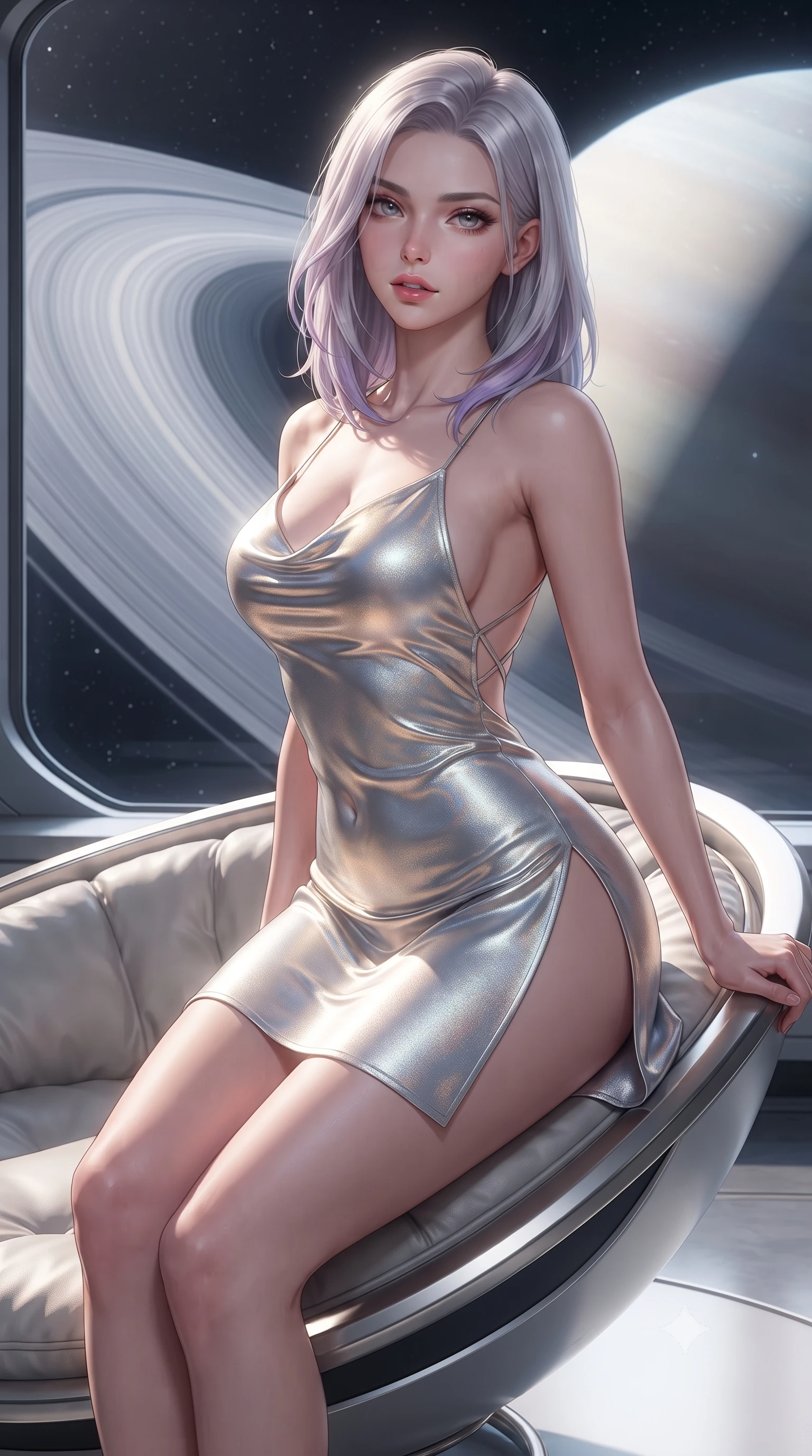score_9, masterpiece, best quality, ultra-detailed, high-budget anime keyframe, editorial fashion photography, tasteful artistic composition, Caucasian woman. close-up cowboy shot from the waist and thighs up, the character dominates the composition, filling the frame with her large presence. leaning back with relaxed seductive grace, her sculpted collarbones and narrow waist highlighted as she casts smoldering bedroom-eyes directly into the camera while perching on the rim of a curved platinum-framed lounger, arching her lower back as the colossal opalescent ice rings of Saturn stretch across the panoramic quartz viewport. The surrounding environment is rendered in vivid detail and crisp panoramic clarity. detailed metallic gown texture, starlight glints on skin, and planet shadow contrast in high resolution. She has an exceptionally elegant, slender, and willowy female figure with an ultra-slim waist, flat toned midriff, narrow ribcage, and sculpted feminine hips creating an alluring, slim hourglass silhouette without bulk. sharp v-shaped jawline, high-bridge nose, intricate jewel-like eyes with depth, thick eyelashes, glossy parted lips with a natural sheen, intensely captivating and seductive bedroom-eyes expression, flawlessly proportioned anatomical accuracy, strict slender model proportions, natural body alignment, perfectly sculpted long slender limbs, ultra-slim waistline, clean dynamic posture without body distortion. wearing a backless cowl-neck satin slip dress featuring high-cut side hip slits and delicate criss-cross back straps in shimmering silver mercury and pearl white, crafted from luxurious metallic lamé that shifts radiance with every step, finished with criss-cross back satin straps highlighting her graceful shoulder blades, the liquid-tight tailored fabric clinging flawlessly to her narrow waist and rounded feminine hips, emphasizing every millimeter of her sculpted slim hourglass curves without any bulky heaviness. illuminated by crisp directional planetary light sharply defining her sculpted collarbones, ultra-slim waist, and curvy hips. ultra-reflective glossy finish, specular highlights, rich textural contrasts, high-contrast stereoscopic depth, volumetric dynamic lighting, 2k, ultra detail, master piece, 9:16 ratio