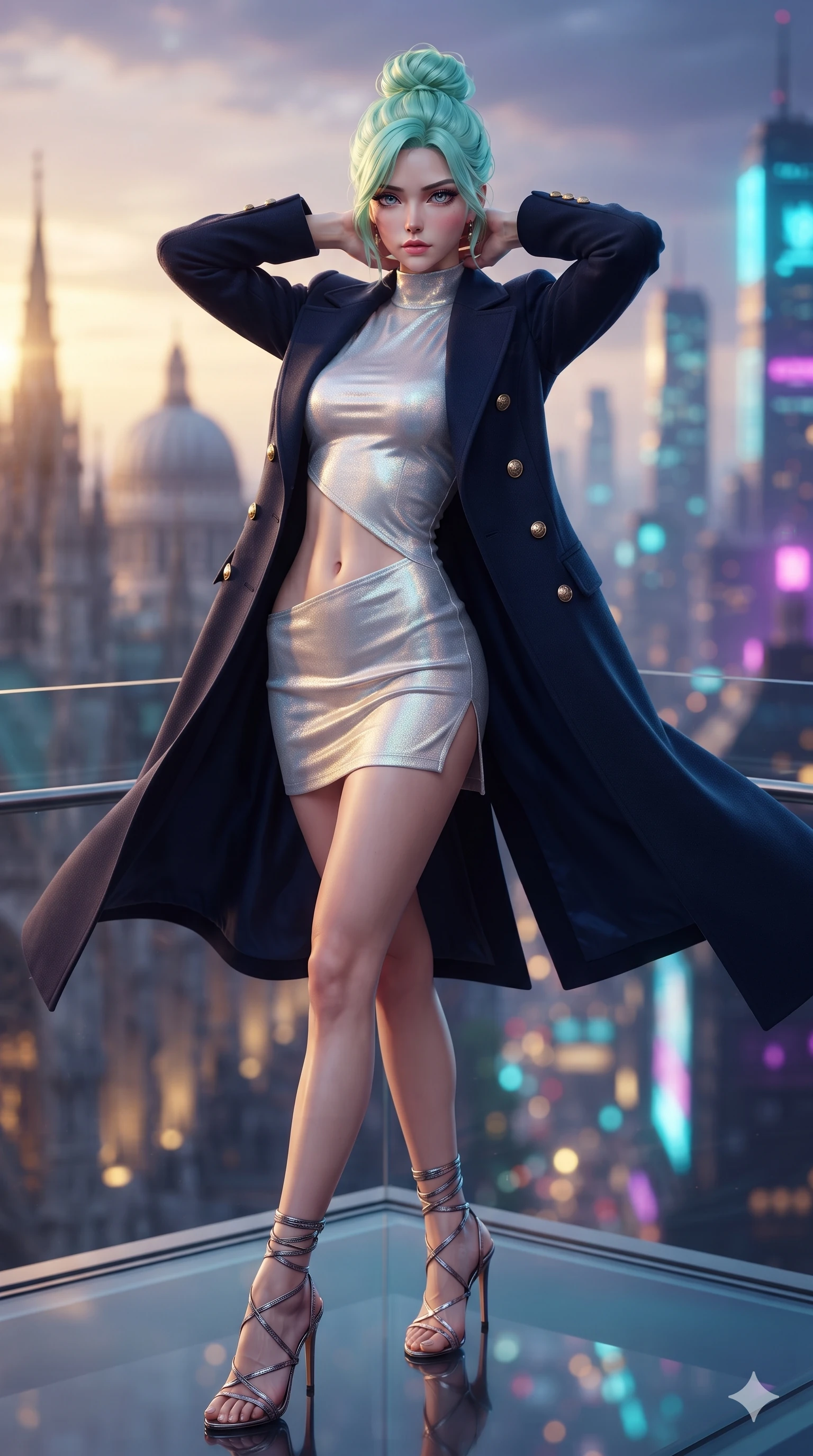 score_9, masterpiece, best quality, ultra-detailed, high-budget anime keyframe, editorial fashion photography, tasteful artistic composition, Japanese woman. close-up cowboy shot from the waist and thighs up, the character dominates the composition, filling the frame with her large presence. resting both hands lightly behind her neck with elbows raised, arching her spine to highlight her narrow waist, flat midriff, and breathtaking collarbones while standing poised at the midpoint of the glass skybridge, arching her lower back with sovereign supermodel grace as high-altitude breezes whip her silk dress open. The background shows a soft-focus gothic spires and neoclassical domes blending into soaring cyberpunk neon skyscrapers thousands of meters below blurred into gold, cyan, and deep violet bokeh. She has an exceptionally elegant, slender, and willowy female figure with an ultra-slim waist, flat toned midriff, narrow ribcage, and sculpted feminine hips creating an alluring, slim hourglass silhouette without bulk. sharp v-shaped jawline, high-bridge nose, intricate jewel-like sparkling eyes with depth, thick eyelashes, glossy parted lips with a natural sheen, intensely captivating and seductive bedroom-eyes expression, exuding both youthful cute charm and sovereign luxury allure, flawlessly proportioned anatomical accuracy, strict slender model proportions, natural body alignment, perfectly sculpted long slender limbs, ultra-slim waistline, clean dynamic posture without body distortion. wearing a structured Belle Époque cashmere opera greatcoat with polished brass crest buttons layered over a high-neck slip in iridescent mother-of-pearl and liquid molten silver, woven from high-density tech-wool with subtle metallic thread weave, complemented by strappy stiletto sandals with metallic ankle wraps accentuating her slender calves, the bespoke structured tailoring following the natural line of her 8.5-heads silhouette with refined elegance. bathed in the dramatic dual twilight lighting: warm golden sunset rays from the classical west and cool vibrant neon from the futuristic east. ultra-reflective glossy finish, specular highlights, rich textural contrasts, high-contrast stereoscopic depth, volumetric dynamic lighting, 2k, ultra detail, master piece, 9:16 ratio
