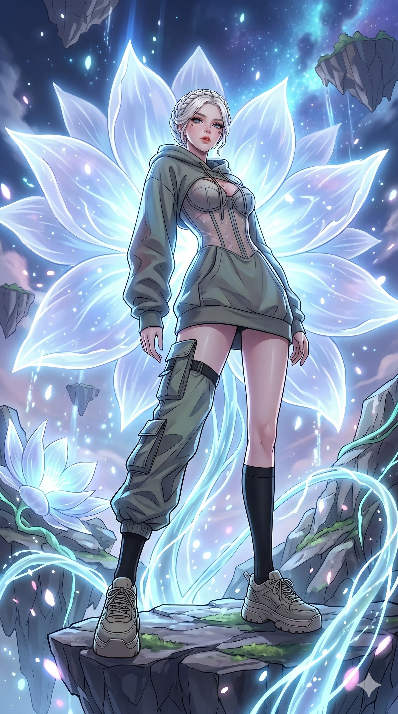 score_9, masterpiece, best quality, ultra-detailed, High-budget Anime Keyframe, vibrant colors, fluid line-art, expressive lighting, cinematic composition, Ufotable-style visual effects, top-tier animation quality, Korean woman with idol-like refined features. Dynamic full-body shot stretching the vertical silhouette, capturing her from a powerful low-angle perspective. Resting against a giant glowing flower that emits a soft, pulse-like light. She has an absolutely perfect 8-heads proportion, an exceptionally tall and slender female figure with impossibly long slender legs and an ultra-slim waist, her statuesque height and towering silhouette dominating the vertical 9:16 frame. Her face is a masterpiece featuring a sharp v-shaped jawline, high-bridge nose, intricate jewel-like eyes with depth, thick eyelashes, and glossy lips with a natural sheen. She is wearing a Oversized designer hoodie worn as a dress, paired with technical cargo joggers, a sheer corset top, and platform sneakers with knee-high socks.. The scene is set in a floating island covered in giant glowing flowers and vines of pure energy. 2k, ultra detail, master piece, 9:16 ratio