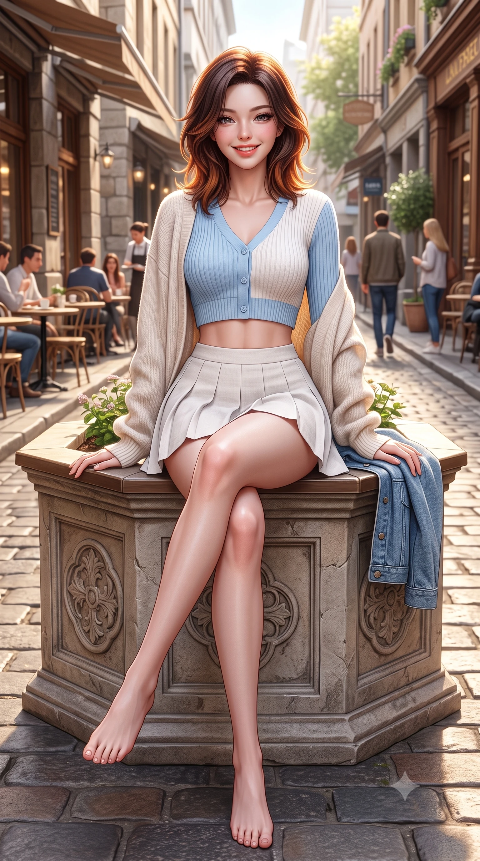 score_9, masterpiece, best quality, ultra-detailed, high-budget anime keyframe, semi-realistic 3D game render, editorial fashion photography, tasteful artistic composition, Korean woman. low angle full-body shot from head to toe showing her feet, filling the entire 9:16 vertical frame with her statuesque presence, stretching her vertical silhouette. sitting perched on the elevated edge with legs crossed and hips angled toward the camera, displaying her toned midriff and long slender limbs with a joyful, coquettish smile while sitting gracefully at a small outdoor espresso table in the bustling laneway, arching her lower back with a charming, bright cute smile. The surrounding environment is rendered in vivid detail and crisp panoramic clarity. detailed denim jacket and knit skirt texture, morning sun glints on skin, and laneway architecture in high clarity. She has an exceptionally tall and slender model-like 8.5-heads proportion, an ultra-slim waist, a flat toned midriff, narrow delicate ribcage, and beautifully sculpted feminine hips creating a graceful, slim hourglass silhouette without any bulky heaviness, with impossibly long slender legs. sharp v-shaped jawline, high-bridge nose, intricate jewel-like sparkling eyes with depth, thick eyelashes, glossy parted lips with a natural peach sheen, bright cheerful beaming smile with an enchanting and coquettish sensual glint, exuding both youthful cute charm and seductive allure, flawlessly proportioned anatomical accuracy, strict slender model proportions, natural body alignment, perfectly sculpted long slender limbs, ultra-slim waistline, clean dynamic posture without body distortion. wearing a cropped pastel ribbed knit cardigan paired with an ultra-short high-waisted pleated tennis skirt clinging tightly to her curvy hips in soft baby blue and crisp cloud white, crafted from soft breathable linen with effortless natural drape, complemented by an oversized soft knit cardigan slipping off one bare shoulder, the high-waisted tailoring accentuating her ultra-slim waistline and the enchanting curve of her feminine hips with alluring charm. illuminated by warm street bounce light sharply defining her sculpted collarbones, ultra-slim waist, and curvy hips. highly saturated vibrant anime colors, detailed shading with soft gradients, rich glossy textures, high-contrast stereoscopic depth, volumetric dynamic lighting, master piece, 9:16 ratio