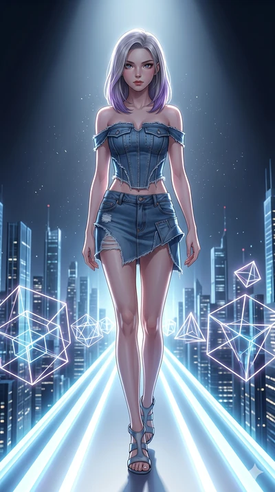 score_9, masterpiece, best quality, ultra-detailed, high-budget anime keyframe, editorial fashion photography, tasteful artistic composition, Caucasian woman, strictly human ears. low angle full-body shot from head to toe showing her feet, filling th