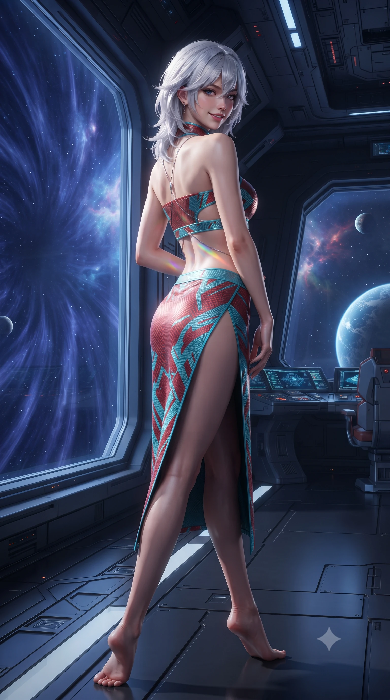 score_9, masterpiece, best quality, ultra-detailed, high-budget anime keyframe, editorial fashion photography, tasteful artistic composition, Japanese woman. low angle full-body shot from head to toe showing her feet, filling the entire 9:16 vertical frame with her statuesque presence, stretching her vertical silhouette. posing in a classic haute-couture S-curve stance beside the floor-to-ceiling window, looking over a bare shoulder with magnetic presence while twisting her slender torso in an alluring S-curve, indigo warp field distortions and star nebulae casting celestial light ribbons across her flat midriff and hourglass curves. The surrounding environment is rendered in vivid detail and crisp panoramic clarity: detailed tactical gown tailoring, futuristic rank insignia, and monumental interstellar starship architecture in high resolution. She has an exceptionally tall and slender model-like 8.5-heads proportion, an ultra-slim waist, a flat toned midriff, narrow delicate ribcage, and beautifully sculpted feminine hips creating a graceful, slim hourglass silhouette without any bulky heaviness, with impossibly long slender legs. sharp v-shaped jawline, high-bridge nose, intricate jewel-like sparkling eyes with depth, thick eyelashes, glossy parted lips with a natural peach sheen, bright cheerful beaming smile with an enchanting and coquettish sensual glint, exuding both youthful cute charm and seductive allure, flawlessly proportioned anatomical accuracy, strict slender model proportions, natural body alignment, perfectly sculpted long slender limbs, ultra-slim waistline, clean dynamic posture without body distortion. wearing an alluring tactical crop top with asymmetrical side-rib cutouts and high-neck collar paired with a high-slit wrap skirt in cyber-shinto vermilion and laser turquoise, woven from structured carbon-fiber jacquard with rich textural depth, accented with a chrome-drop body harness subtly framing her dewy collarbones and spine, the glove-like clinging cut tightly following the natural contour of her hips and long slender legs with youthful 8.5-heads elegance. illuminated by dark obsidian deck bounce and sharp indigo-platinum rim lights defining her razor-sharp jawline, narrow waist, and curvy hips. ultra-reflective glossy finish, specular highlights, rich textural contrasts, high-contrast stereoscopic depth, volumetric dynamic lighting, 2k, ultra detail, master piece, 9:16 ratio