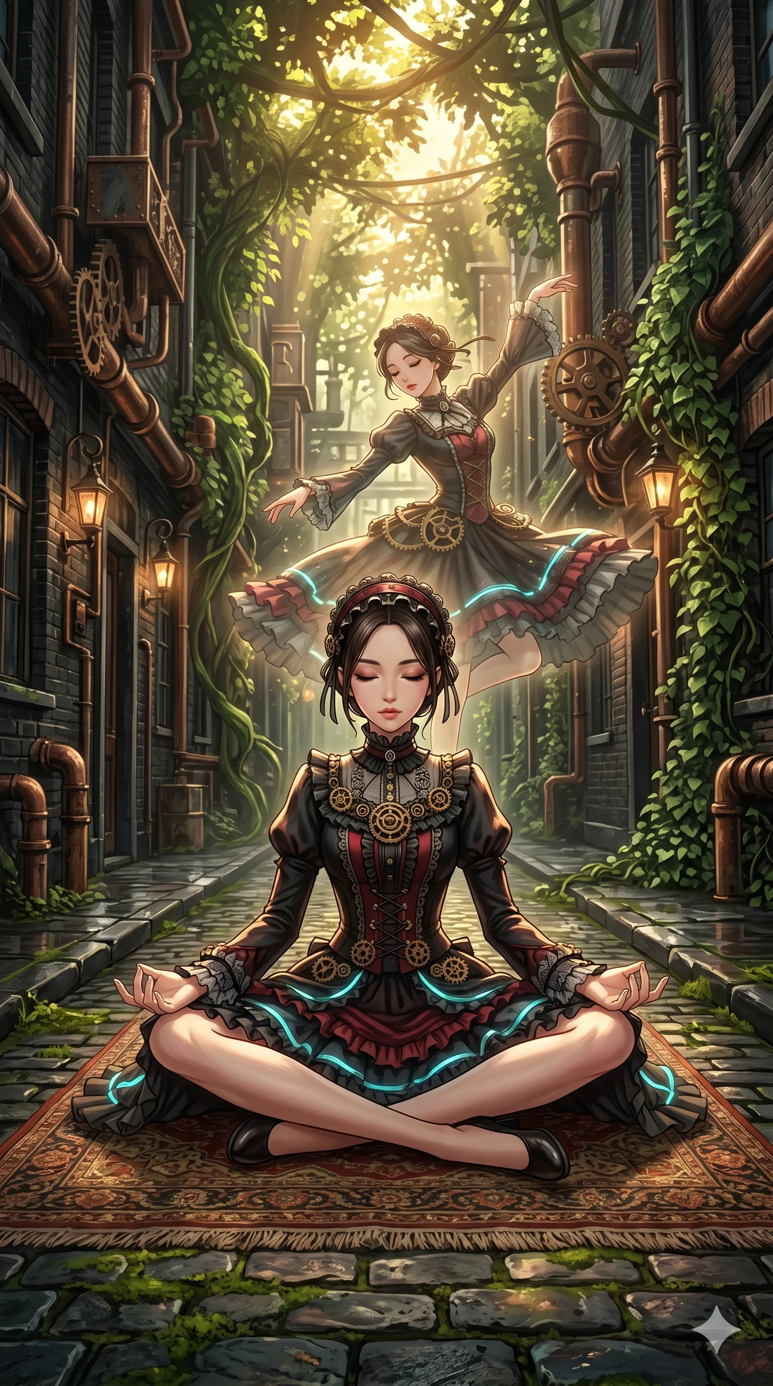 score_9, masterpiece, best quality, ultra-detailed, Set A: High-budget Anime Keyframe, Korean woman. Low angle cowboy shot filling the entire 9:16 frame with her statuesque presence. Theme: Primal Nature. meditating in a steampunk London alleyway, as her reflection in the air starts to dance independently 15. The atmosphere is filled with cinematic sunlight through leaves. She has an absolutely perfect 8-heads proportion, an exceptionally tall and slender female figure with impossibly long slender legs and an ultra-slim waist. Sharp v-shaped jawline, high-bridge nose, intricate jewel-like eyes with depth, glossy lips. Wearing Gothic-lolita tech-dress with mechanical lace ruffles and glowing LED ribbons. Cinematic lighting, vivid colors, dramatic shadows, 2k, ultra detail, master piece, 9:16 ratio
