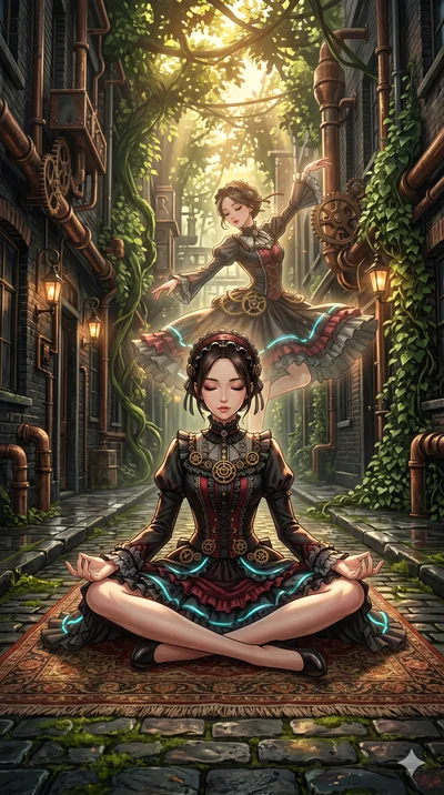 score_9, masterpiece, best quality, ultra-detailed, Set A: High-budget Anime Keyframe, Korean woman. Low angle cowboy shot filling the entire 9:16 frame with her statuesque presence. Theme: Primal Nature. meditating in a steampunk London alleyway, as