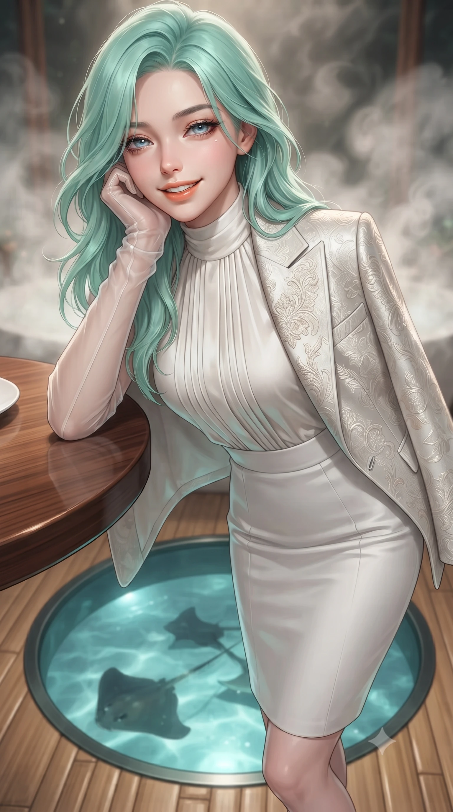 score_9, masterpiece, best quality, ultra-detailed, high-budget anime keyframe, editorial fashion photography, tasteful artistic composition, Japanese woman. close-up cowboy shot from the waist and thighs up, the character dominates the composition, filling the frame with her large presence. resting one elbow on the table and supporting her chin, leaning close to the camera with heavy-lidded sparkling eyes and parted lips while standing poised on the polished bamboo deck beside the circular tempered glass floor opening revealing swimming stingrays below, arching her spine with wet-look siren grace. The background shows a soft-focus swirling floral bath steam softened in ultra-luxury holistic island spa shallow focus. She has an exceptionally elegant, slender, and willowy female figure with an ultra-slim waist, flat toned midriff, narrow ribcage, and sculpted feminine hips creating an alluring, slim hourglass silhouette without bulk. sharp v-shaped jawline, high-bridge nose, intricate jewel-like sparkling eyes with depth, thick eyelashes, glossy parted lips with a natural peach sheen, bright cheerful beaming smile with an enchanting and coquettish sensual glint, exuding both youthful cute charm and seductive allure, flawlessly proportioned anatomical accuracy, strict slender model proportions, natural body alignment, perfectly sculpted long slender limbs, ultra-slim waistline, clean dynamic posture without body distortion. wearing a bespoke Florentine Medici-embroidered brocade cape blazer draped over a high-neck pleated silk blouse and tailored pencil skirt in pure translucent crystal white and liquid platinum, crafted from bespoke double-faced cashmere with an exceptionally soft tactile finish, complemented by sheer opera-length evening gloves tracing her slender arms, the bespoke structured tailoring following the natural line of her 8.5-heads silhouette with refined elegance. illuminated by glass floor reflection bounce and sharp platinum-cyan rim lights defining her dewy collarbones, ultra-slim waist, and curvy hips. ultra-reflective glossy finish, specular highlights, rich textural contrasts, high-contrast stereoscopic depth, volumetric dynamic lighting, 2k, ultra detail, master piece, 9:16 ratio