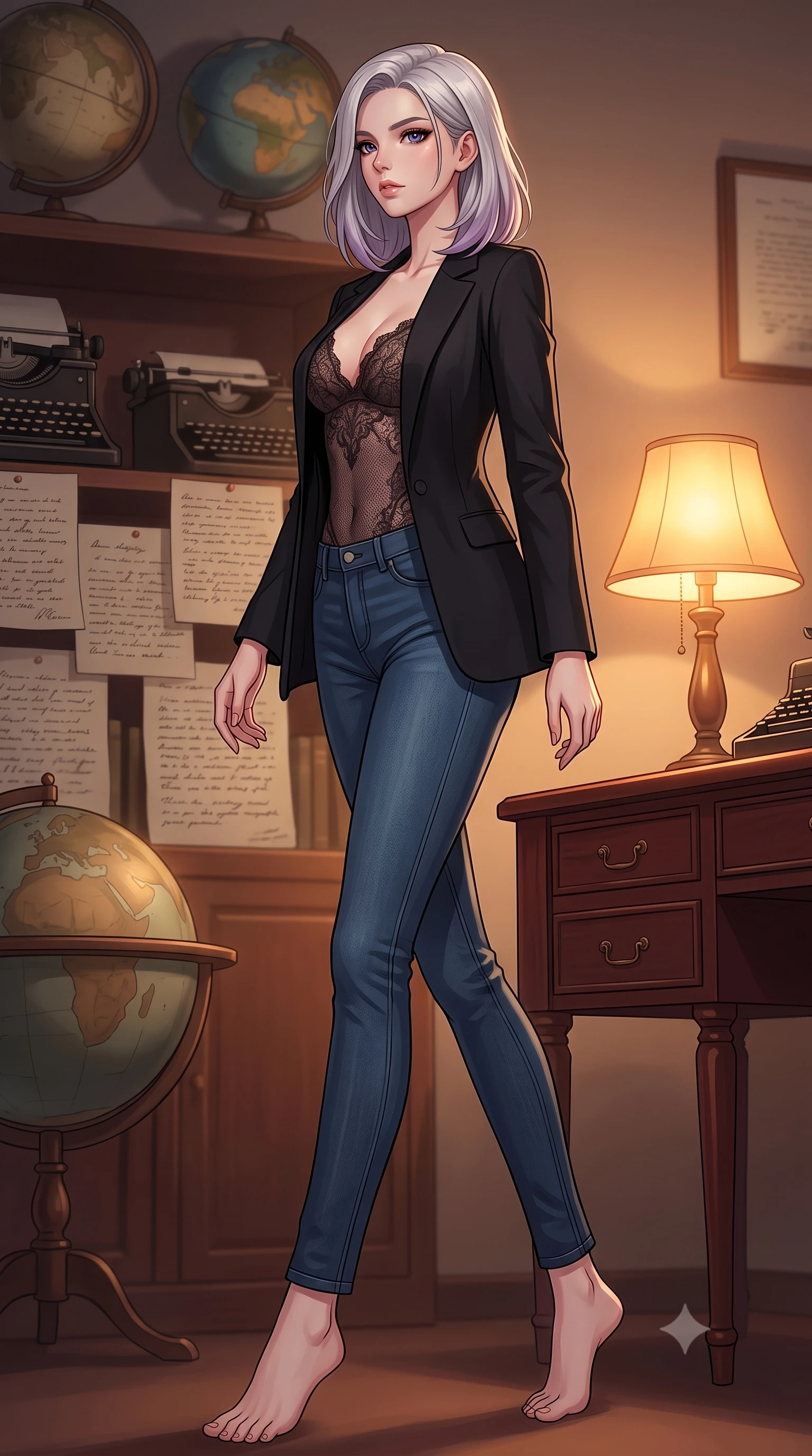 score_9, masterpiece, best quality, ultra-detailed, high-budget anime keyframe, tasteful artistic composition, Caucasian woman. low angle full-body shot from head to toe showing her feet, filling the entire 9:16 vertical frame with her statuesque presence, stretching her vertical silhouette. stepping gracefully while looking back over her shoulder, her dress draped tightly to reveal her silhouette the background shows a soft-focus a cozy personal study with vintage globes, typewriters, and handwritten manuscripts. She has an absolutely perfect, statuesque 8.5-heads proportion, an exceptionally tall and slender model-like female figure with impossibly long slender legs and an ultra-slim waist. sharp v-shaped jawline, high-bridge nose, intricate jewel-like eyes with depth, thick eyelashes, glossy lips with a natural sheen. wearing a slim-fit semi-opaque dark lace bodysuit worn under a tailored open blazer and jeans. warm table lamp light casting cozy, nostalgic shadows on the mahogany desk. highly saturated vibrant anime colors, cel-shading, 2d style, master piece, 9:16 ratio