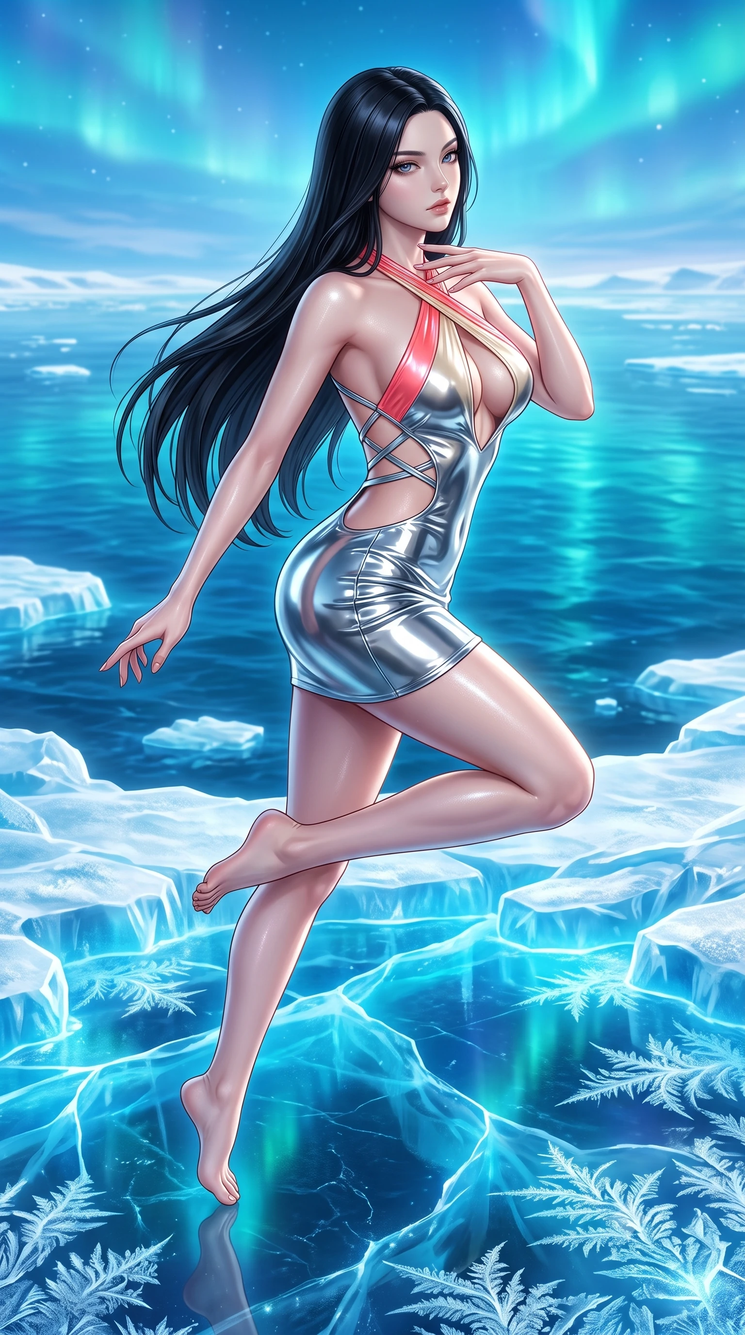 score_9, masterpiece, best quality, ultra-detailed, high-budget anime keyframe, semi-realistic 3D game render, editorial fashion photography, tasteful artistic composition, Korean woman. low angle full-body shot from head to toe showing her feet, filling the entire 9:16 vertical frame with her statuesque presence, stretching her vertical silhouette. leaping through mid-air with an athletic yet alluring arch of her spine, her impossibly long slender legs stretched in flawless poise while resting her fingers lightly against her throat with a captivating, cool gaze overlooking an endless glowing arctic sea. The surrounding environment is rendered in vivid detail and crisp panoramic clarity. crisp frost patterns, glowing ice platform reflections, and panoramic polar horizon in high resolution. She has an absolutely perfect, statuesque 8.5-heads proportion, an exceptionally tall and slender model-like female figure with impossibly long slender legs, a toned flat midriff, and an ultra-slim waist. sharp v-shaped jawline, high-bridge nose, intricate jewel-like eyes with depth, thick eyelashes, glossy lips with a natural sheen, flawlessly proportioned anatomical accuracy, strict slender model proportions, natural body alignment, perfectly sculpted long slender limbs, ultra-slim waistline, clean dynamic posture without body distortion. wearing a molten silver liquid-metal mini dress featuring deep side-waist cutouts and a daring crossover halter neckline in radiant coral pink and champagne ivory, formed from high-gloss patent material with specular light reflections, complemented by criss-cross back straps highlighting her completely bare spine, the glove-like aerodynamic second-skin fit tightly clinging to her ultra-slender waist and athletic curves without adding bulk, accentuating her razor-sharp statuesque lines and slim hourglass silhouette. surrounded by a majestic, pristine, and intensely seductive glacial royalty aura. highly saturated vibrant anime colors, detailed shading with soft gradients, rich glossy textures, high-contrast stereoscopic depth, volumetric dynamic lighting, master piece, 9:16 ratio