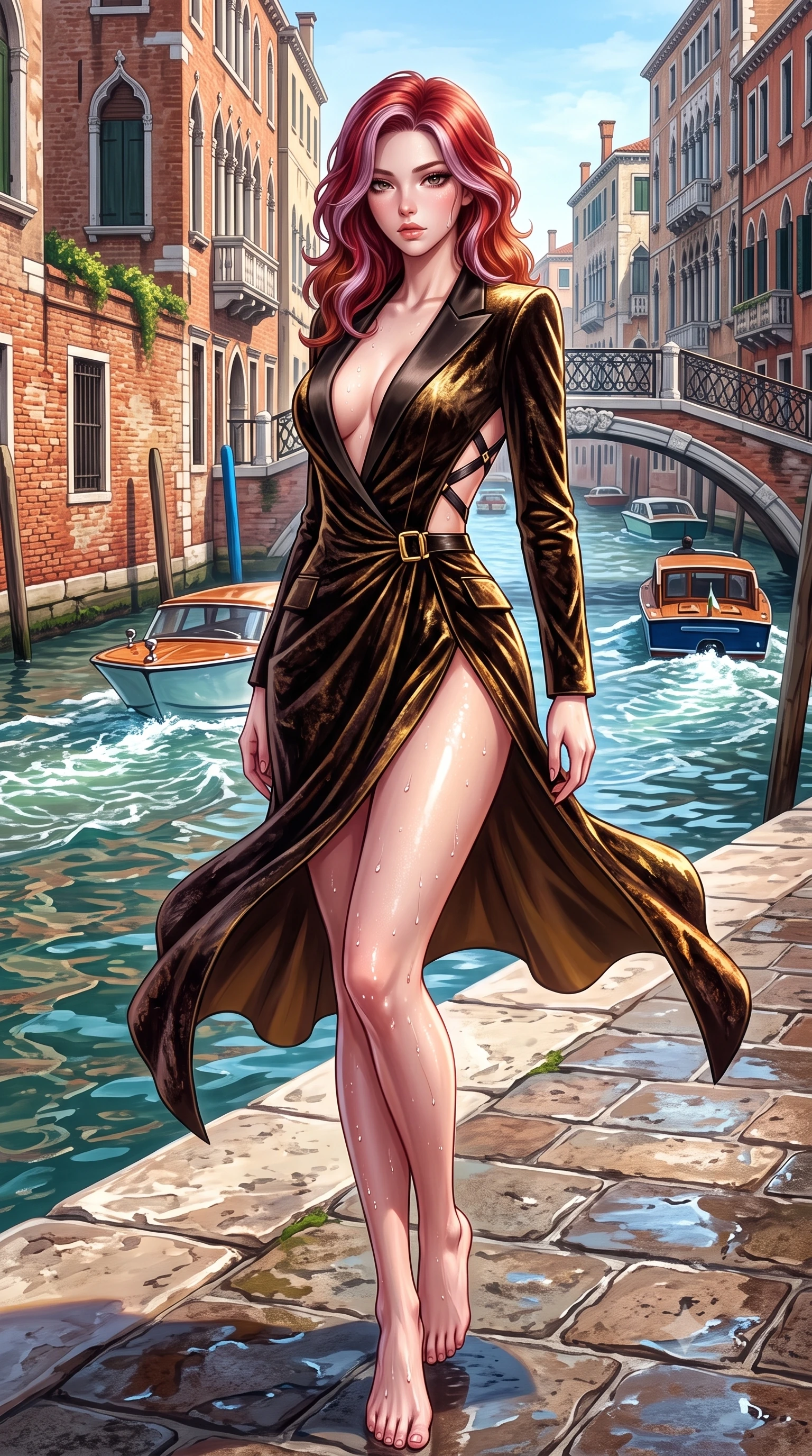 score_9, masterpiece, best quality, ultra-detailed, high-budget anime keyframe, semi-realistic 3D game render, editorial fashion photography, tasteful artistic composition, Caucasian woman. low angle full-body shot from head to toe showing her feet, filling the entire 9:16 vertical frame with her statuesque presence, stretching her vertical silhouette. leaning deep against the structural architecture with hips cocked in an unapologetically bold, seductive high-fashion stance while turning in an alluring contrapposto stance along the historic brick waterfront, her high-slit dress fluttering as passing electric watercraft stir luminous ripples. The surrounding environment is rendered in vivid detail and crisp panoramic clarity. detailed silk and vinyl dress movement, water droplet beads on skin, and Venice biome architecture in high resolution. She has an exceptionally tall and slender model-like 8.5-heads proportion, an ultra-slim waist, a flat toned midriff, narrow delicate ribcage, and beautifully sculpted feminine hips creating a graceful, slim hourglass silhouette without any bulky heaviness, with impossibly long slender legs. sharp v-shaped jawline, high-bridge nose, intricate jewel-like eyes with depth, thick eyelashes, glossy parted lips with a natural sheen, intensely captivating and seductive bedroom-eyes expression, flawlessly proportioned anatomical accuracy, strict slender model proportions, natural body alignment, perfectly sculpted long slender limbs, ultra-slim waistline, clean dynamic posture without body distortion. wearing a tailored velvet tuxedo jacket dress with satin lapels, worn with a deep plunge neckline and gold hip buckle in dark espresso brown and molten gold foil, crafted from heavyweight crushed silk velvet with liquid vintage luster, featuring an open-back criss-cross harness strap in dark leather, the dramatically scooped open back descending to the base of her spine, accentuating her razor-sharp statuesque lines and slim hourglass silhouette. illuminated by shimmering water surface specular reflections accentuating her sculpted midriff, narrow waist, and curvy hips. highly saturated vibrant anime colors, detailed shading with soft gradients, rich glossy textures, high-contrast stereoscopic depth, volumetric dynamic lighting, master piece, 9:16 ratio