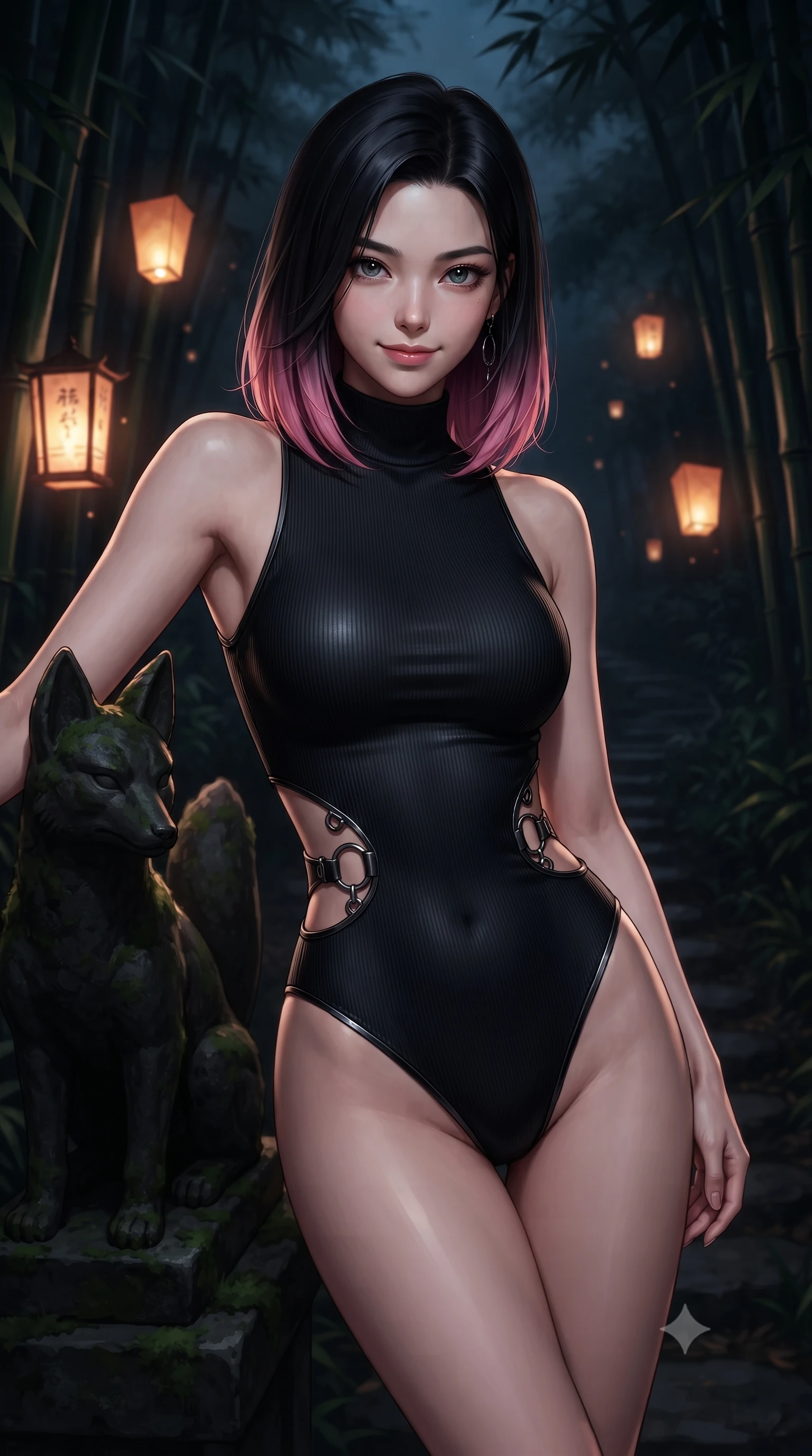 score_9, masterpiece, best quality, ultra-detailed, high-budget anime keyframe, editorial fashion photography, tasteful artistic composition, Korean woman. close-up cowboy shot from the waist and thighs up, the character dominates the composition, filling the frame with her large presence, background elements kept in soft focus. Smiling with quiet, magnetic self-assurance directly into the camera, resting near a dark stone fox statue illuminated by floating spirit lanterns, shadowy bamboo stalks framing the dark path in soft focus. She has an exceptionally elegant, slender, and willowy female figure with an ultra-slim waist, a gracefully sculpted slender torso, and a refined silhouette. sharp v-shaped jawline, high-bridge nose, intricate jewel-like eyes with depth, thick eyelashes, glossy lips with a natural sheen. wearing sleek high-neck ribbed activewear bodysuit in matte black in midnight navy blue, made of liquid dark mercury jersey, trimmed with dark chrome ring hardware along the waist contours, the fitted fabric emphasizing her ultra-slim waist. surrounded by a mysterious dark spiritual aura with sharp edge lighting. ultra-reflective glossy finish, specular highlights, metallic sheen, high-contrast stereoscopic depth, volumetric dynamic lighting, 2k, ultra detail, master piece, 9:16 ratio