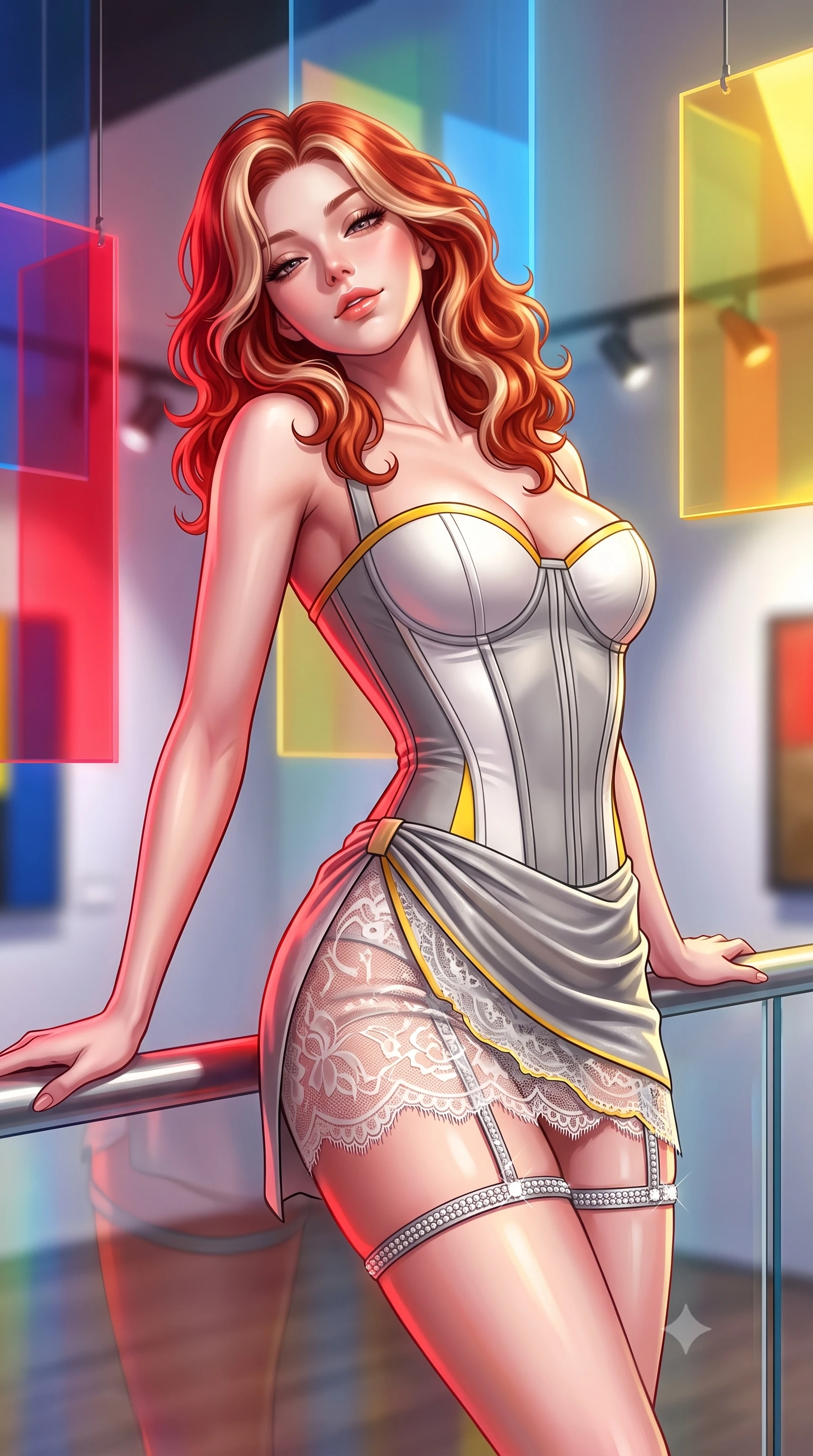 score_9, masterpiece, best quality, ultra-detailed, high-budget anime keyframe, semi-realistic 3D game render, editorial fashion photography, tasteful artistic composition, Caucasian woman. close-up cowboy shot from the waist and thighs up, the character dominates the composition, filling the frame with her large presence. leaning back against the balustrade with relaxed seductive grace, head tilted back slightly while casting a hypnotic, heavy-lidded gaze while twisting her slender torso in an alluring S-curve, colored acrylic panel refractions painting vibrant red and gold across her curves. The background shows a soft-focus modern art spotlights softened in vibrant De Stijl shallow focus. She has an exceptionally elegant, slender, and willowy female figure with an ultra-slim waist, flat toned midriff, narrow ribcage, and sculpted feminine hips creating an alluring, slim hourglass silhouette without bulk. sharp v-shaped jawline, high-bridge nose, sparkling eyes with hypnotic seductive depth, thick curled eyelashes, glossy parted lips with a natural dewy peach sheen, alluring bedroom-eyes with an enchanting coquettish smile, exuding magnetic siren charisma and sophisticated glamour, flawlessly proportioned anatomical accuracy, strict slender model proportions, natural body alignment, perfectly sculpted long slender limbs, ultra-slim waistline, clean dynamic posture without body distortion. wearing a structured Victorian boned leatherette corset bodice paired with an ultra-short micro-wrap velvet mini skirt in Bauhaus optic white and concrete grey with primary yellow accents, made of delicate semi-sheer French Chantilly lace with intricate eyelash edges, finished with delicate crystal-encrusted thigh garter straps glinting under the lights, the high-slit wrap tailoring accentuating her ultra-slim waistline and the enchanting curve of her feminine hips with alluring seductive charm. bathed in shifting primary-color light beams transmitted through suspended translucent acrylic panels. highly saturated vibrant anime colors, detailed shading with soft gradients, rich glossy textures, high-contrast stereoscopic depth, volumetric dynamic lighting, master piece, 9:16 ratio