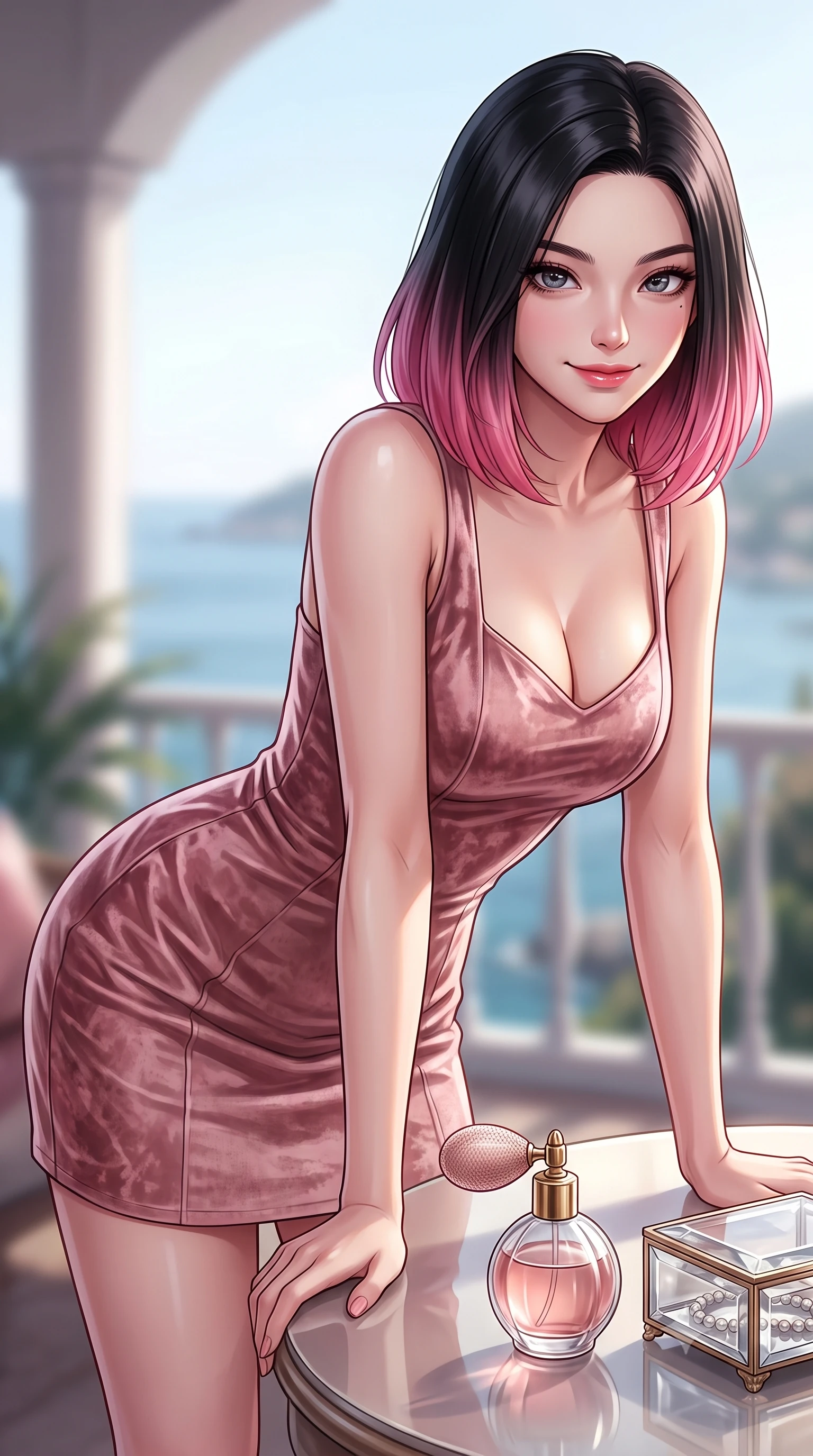 score_9, masterpiece, best quality, ultra-detailed, high-budget anime keyframe, editorial fashion photography, tasteful artistic composition, Korean woman. close-up cowboy shot from the waist and thighs up, the character dominates the composition, filling the frame with her large presence, background elements kept in soft focus. leaning slightly forward over the table with a playful, magnetic smile that locks direct eye contact set against a soft-focus background of inside an exclusive coastal veranda with a vintage perfume atomizer and crystal jewelry box reflecting soft light. She has an exceptionally elegant, slender, and willowy female figure with an ultra-slim waist, a gracefully sculpted slender torso, and a refined silhouette. sharp v-shaped jawline, high-bridge nose, intricate jewel-like eyes with depth, thick eyelashes, glossy lips with a natural sheen. wearing form-contouring dusty rose crushed velvet flowy linen sundress with a comfortable tiered skirt silhouette featuring refined tailored seams. accented by a single dramatic key light highlighting her statuesque posture and slim waist. highly saturated vibrant anime colors, detailed shading with soft gradients, rich glossy textures, high-contrast stereoscopic depth, volumetric dynamic lighting, master piece, 9:16 ratio
