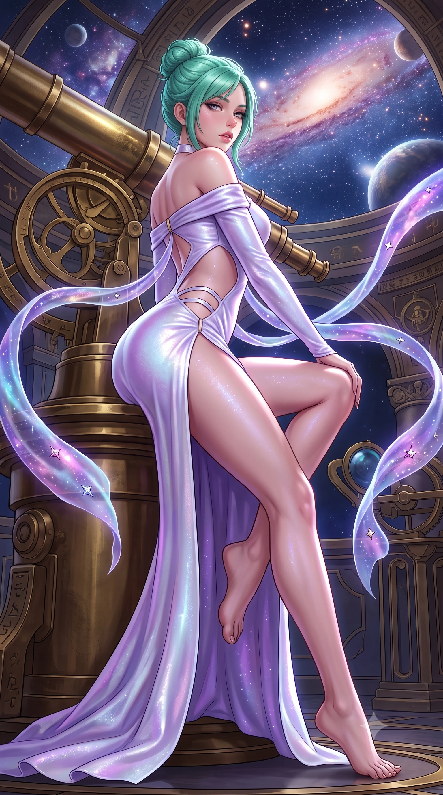 score_9, masterpiece, best quality, ultra-detailed, high-budget anime keyframe, semi-realistic 3D game render, editorial fashion photography, tasteful artistic composition, Japanese woman. low angle full-body shot from head to toe showing her feet, filling the entire 9:16 vertical frame with her statuesque presence, stretching her vertical silhouette. reclining on her side in an elegant Cleopatra pose with one knee drawn up, the dramatic contour of her rounded hips and long slender legs commanding the 9:16 vertical frame while crouching gracefully beside the brass telescope mount, looking back with parted glossy lips as galactic starlight washes over her curves. The surrounding environment is rendered in vivid detail and crisp panoramic clarity. monumental high-contrast cosmic chiaroscuro and sacred astronomical sanctuary architecture in precision. She has an absolutely perfect, statuesque 8.5-heads proportion, an exceptionally tall and slender model-like female figure with impossibly long slender legs, a toned flat midriff, an ultra-slim waist, and beautifully sculpted feminine hips. sharp v-shaped jawline, high-bridge nose, intricate jewel-like eyes with depth, thick eyelashes, glossy parted lips with a natural sheen, intensely captivating and seductive bedroom-eyes expression, flawlessly proportioned anatomical accuracy, strict slender model proportions, natural body alignment, perfectly sculpted long slender limbs, ultra-slim waistline, clean dynamic posture without body distortion. wearing an off-shoulder celestial velvet gown with an architectural open-waist cutout and high side slit in pearlescent opal with soft violet luster, made of flexible reflective spandex and metallic webbing, complemented by floating celestial silk ribbons catching the nebula light, the second-skin form-contouring cut accentuating her sculpted flat midriff, narrow waistline, and dramatically curvy hips without adding bulk. surrounded by a celestial, immortal, and deeply hypnotic cosmos sovereign aura. highly saturated vibrant anime colors, detailed shading with soft gradients, rich glossy textures, high-contrast stereoscopic depth, volumetric dynamic lighting, master piece, 9:16 ratio